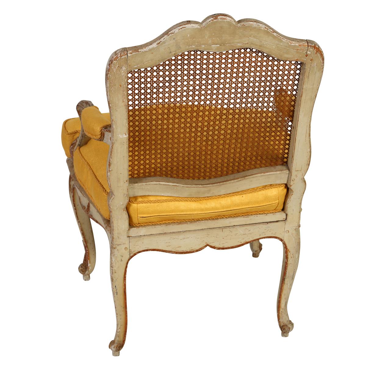 Louis XVI Louis XV Caned Lattice Arm Chair Newly Upholstered in Yellow Linen For Sale