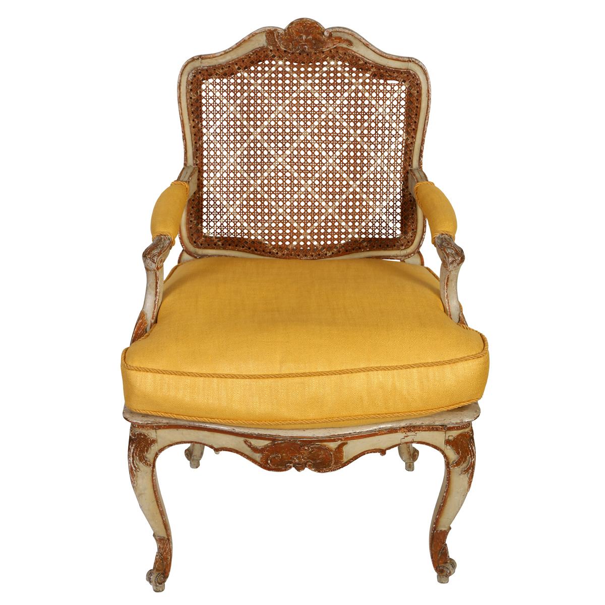 Louis XV Caned Lattice Arm Chair Newly Upholstered in Yellow Linen In Good Condition For Sale In Locust Valley, NY