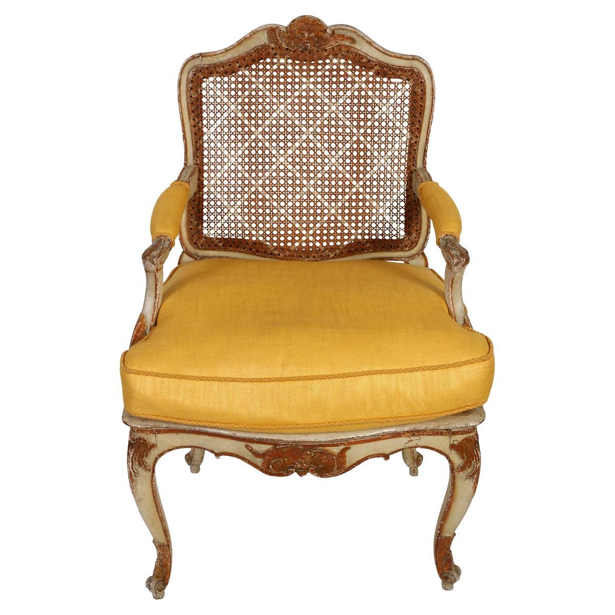 Louis XV Caned Lattice Arm Chair Newly Upholstered in Yellow Linen