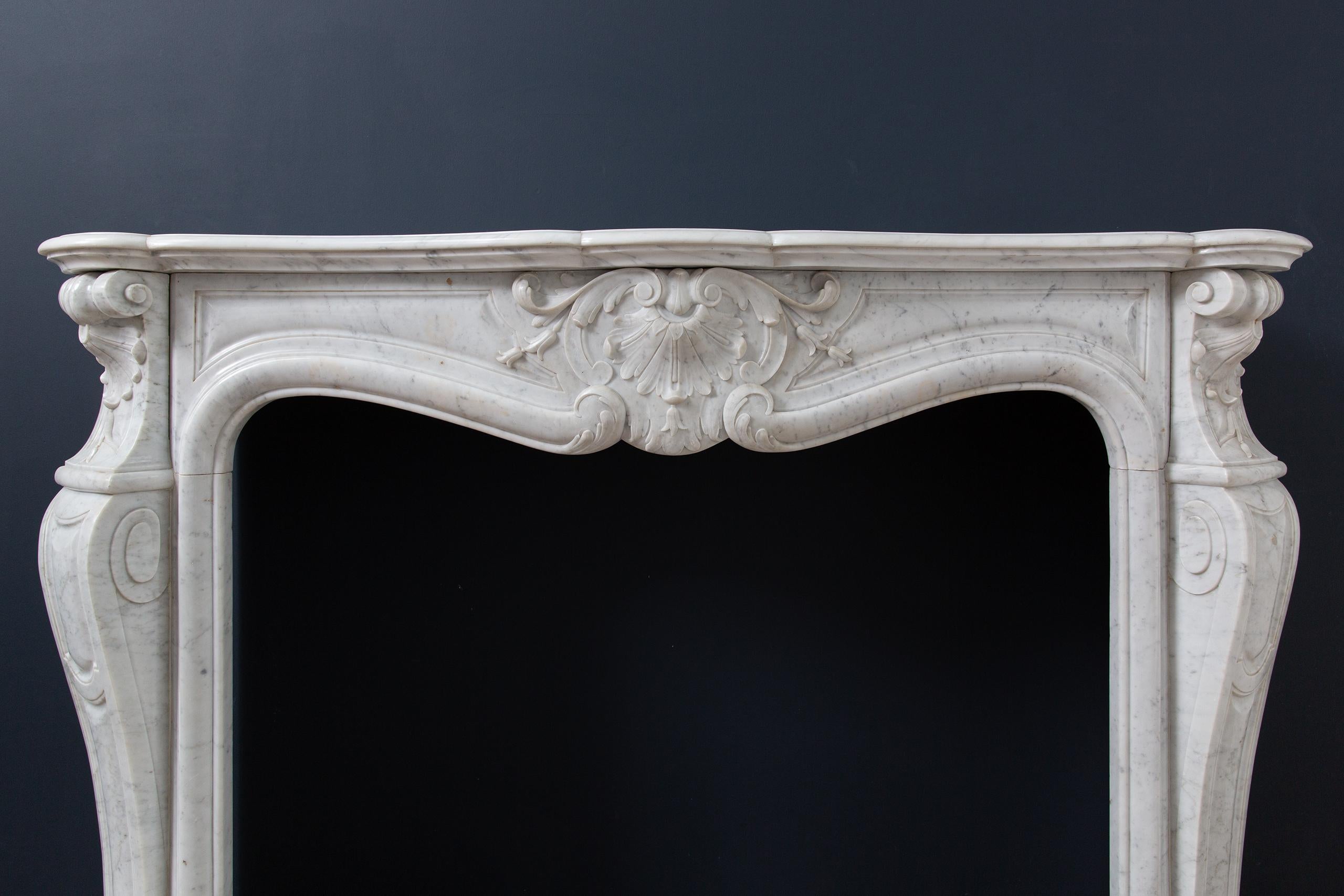 Hand-Carved French Louis XV Carrara Marble Antique Fireplace Surround For Sale