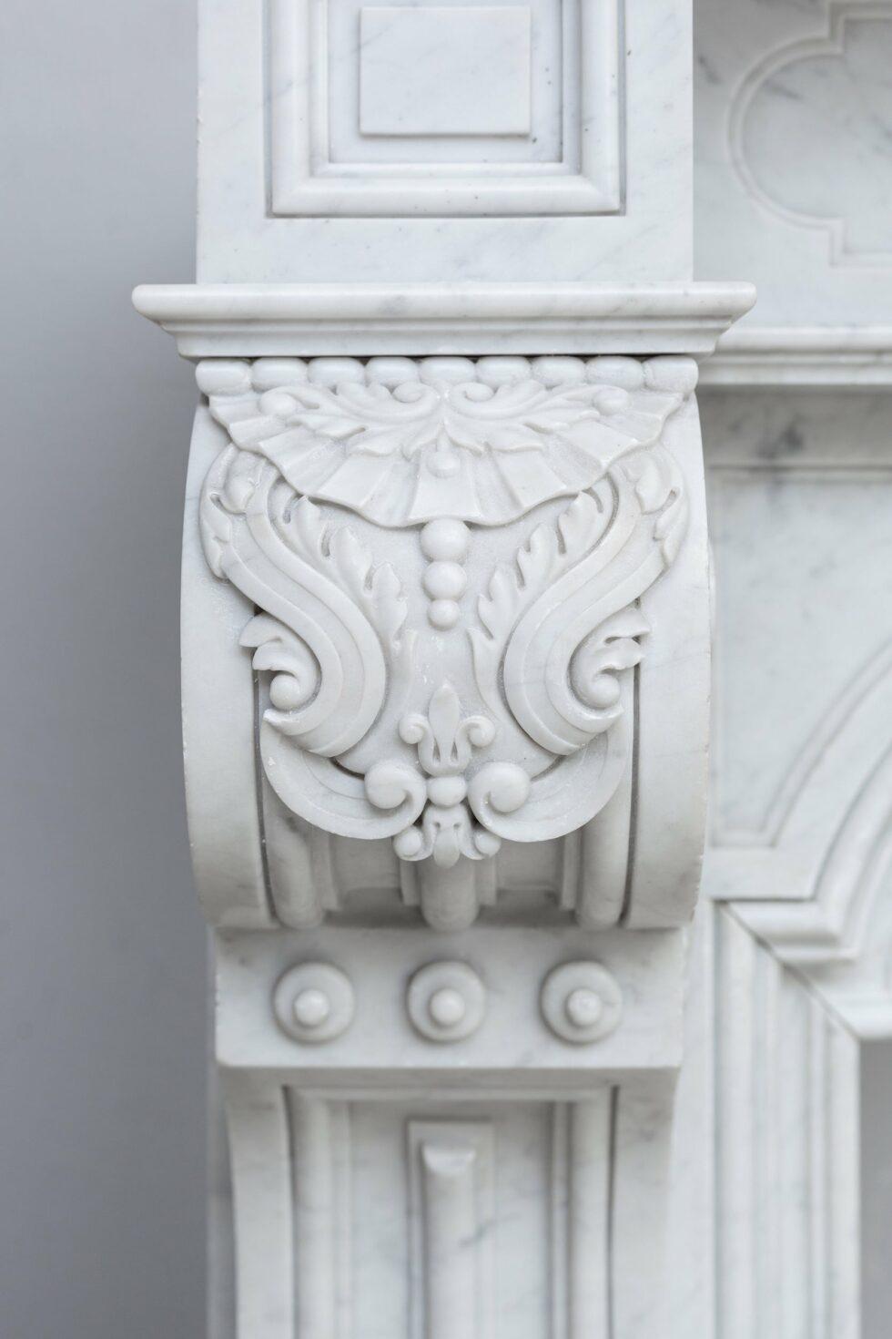 Hand-Carved Louis XV Carrara French White Marble Antique Fireplace For Sale