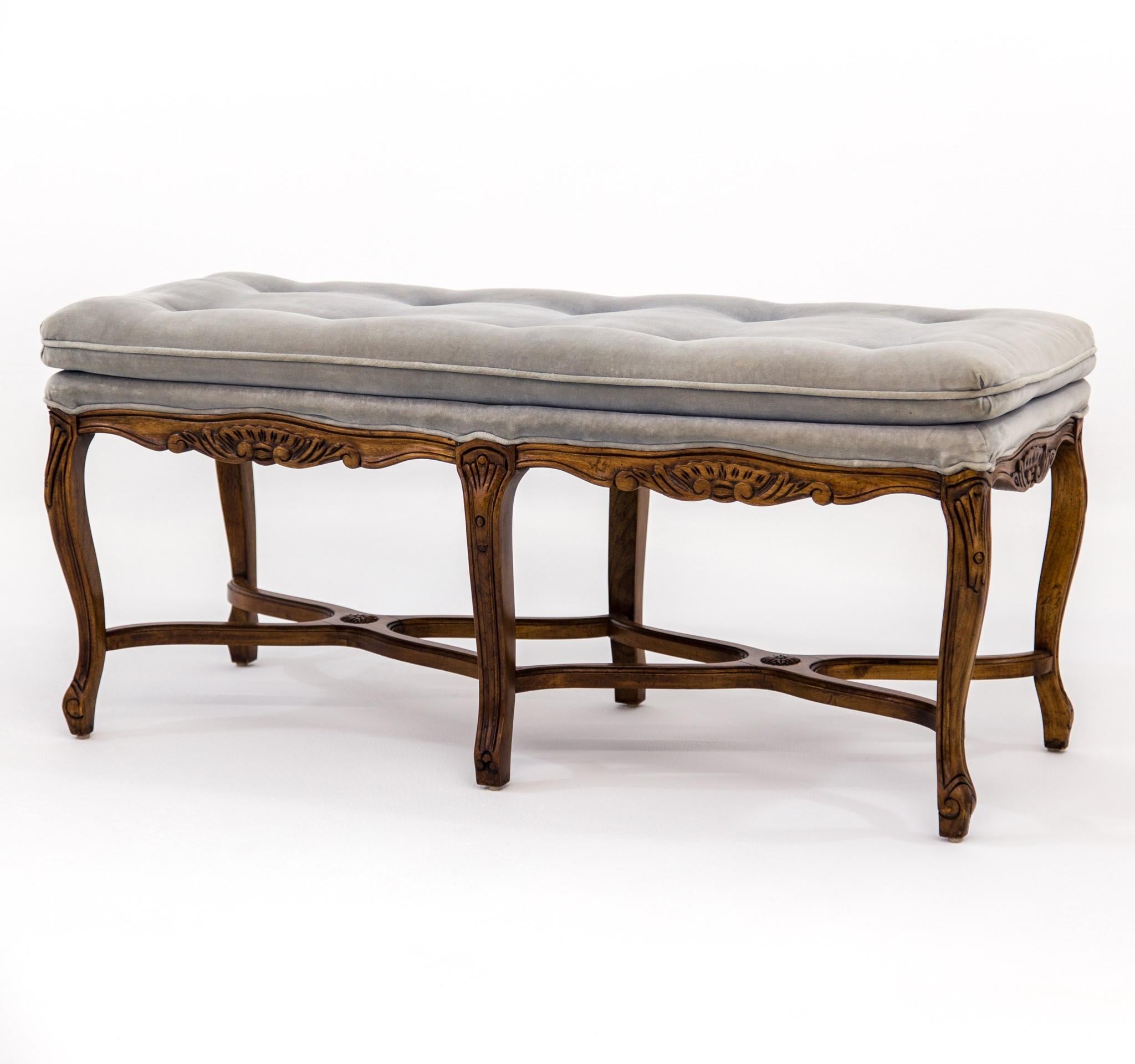 Louis XV Carved Walnut Bench with Gray Tufted Velvet Upholstery by Bernhardt 5