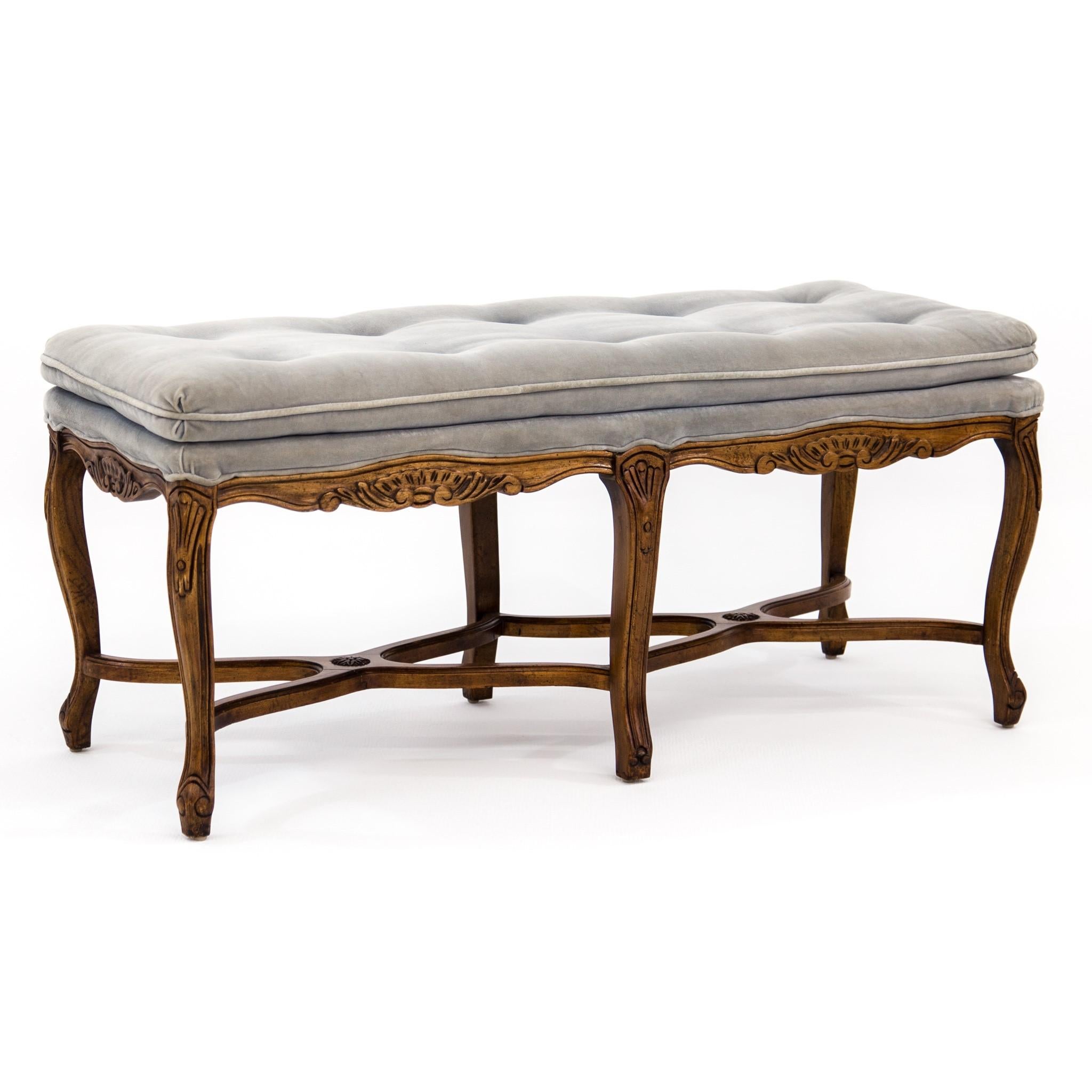 Louis XV Carved Walnut Bench with Gray Tufted Velvet Upholstery by Bernhardt 6