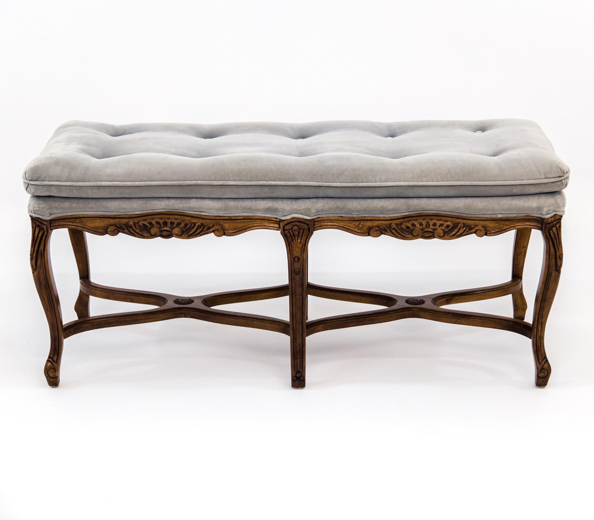 North American Louis XV Carved Walnut Bench with Gray Tufted Velvet Upholstery by Bernhardt