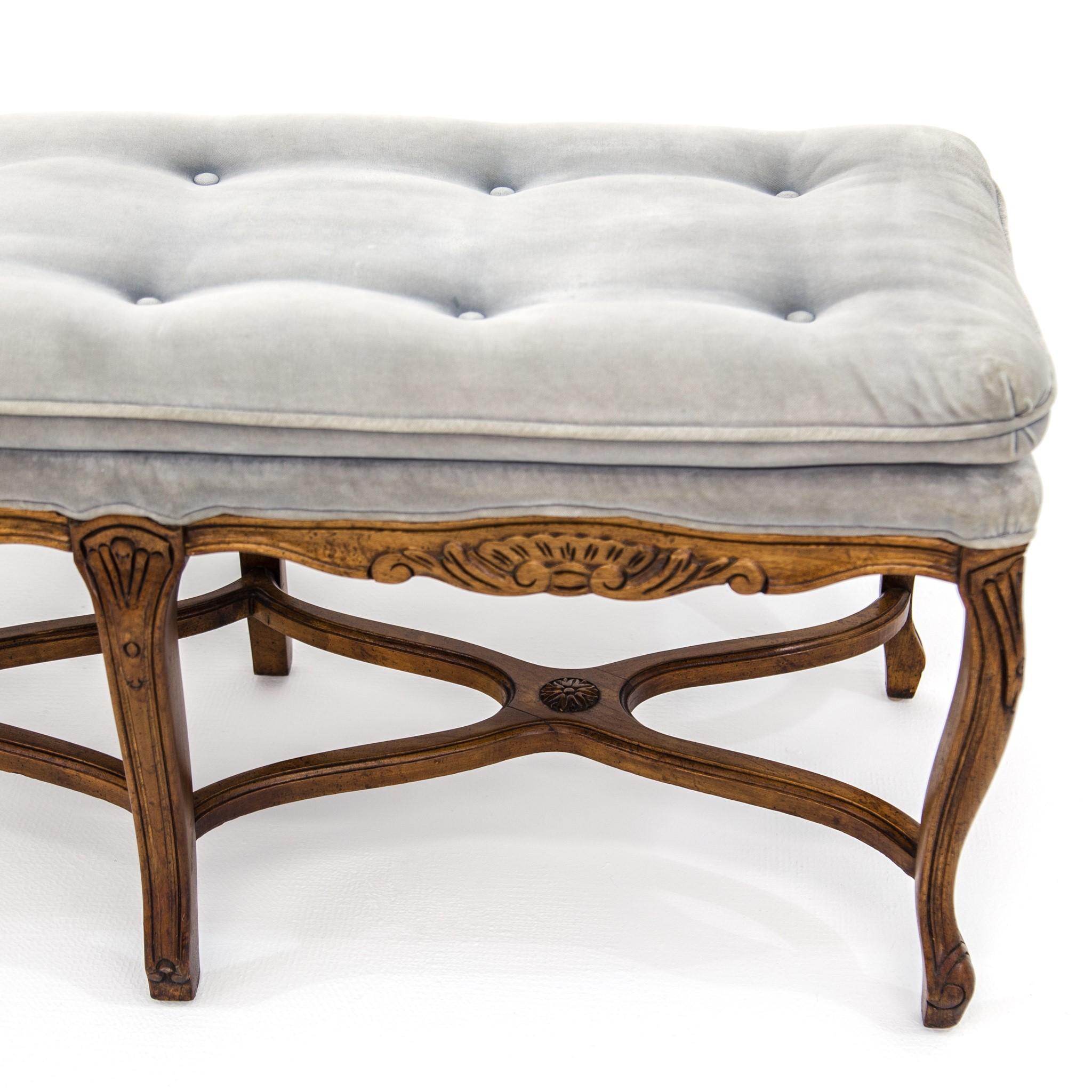20th Century Louis XV Carved Walnut Bench with Gray Tufted Velvet Upholstery by Bernhardt