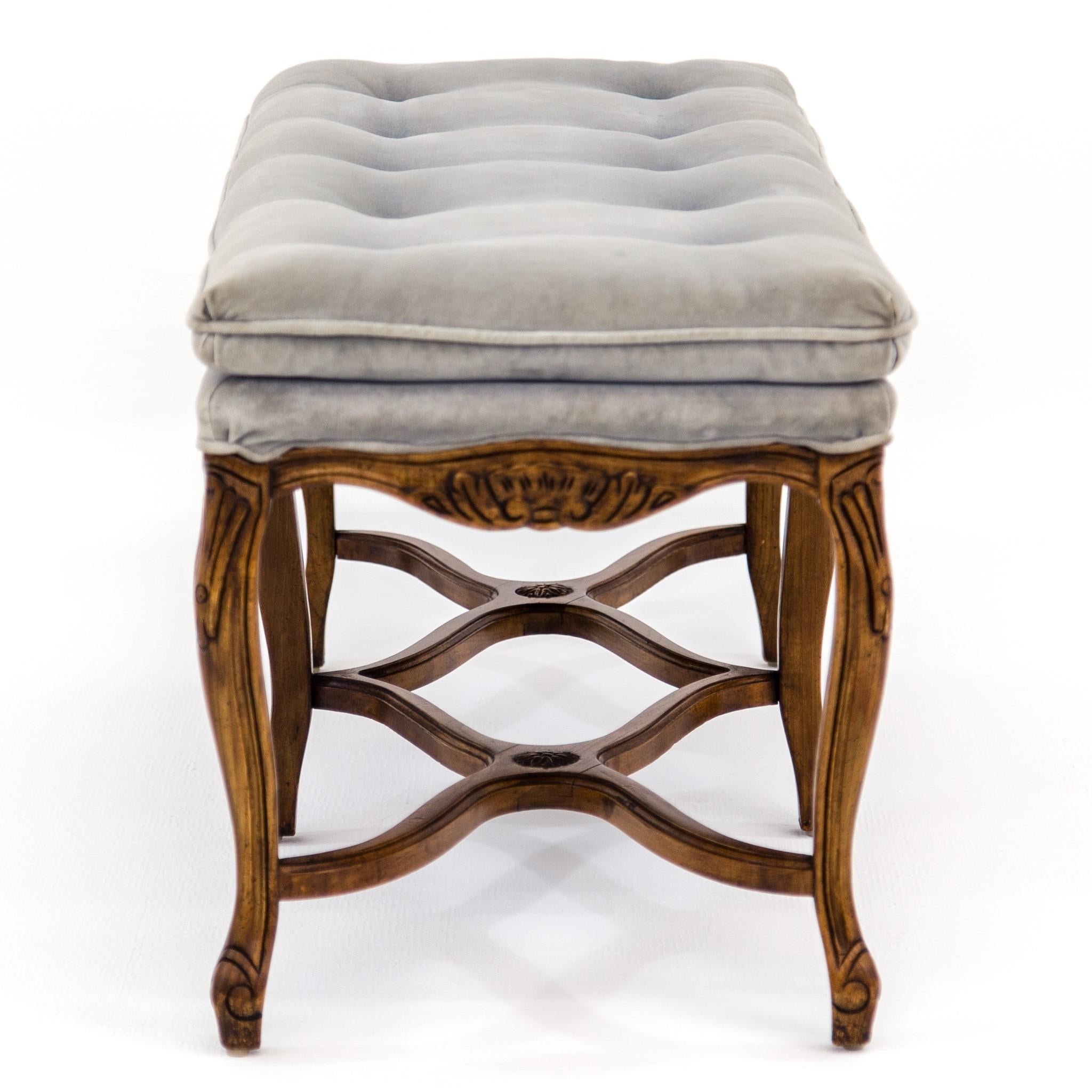 Louis XV Carved Walnut Bench with Gray Tufted Velvet Upholstery by Bernhardt 1