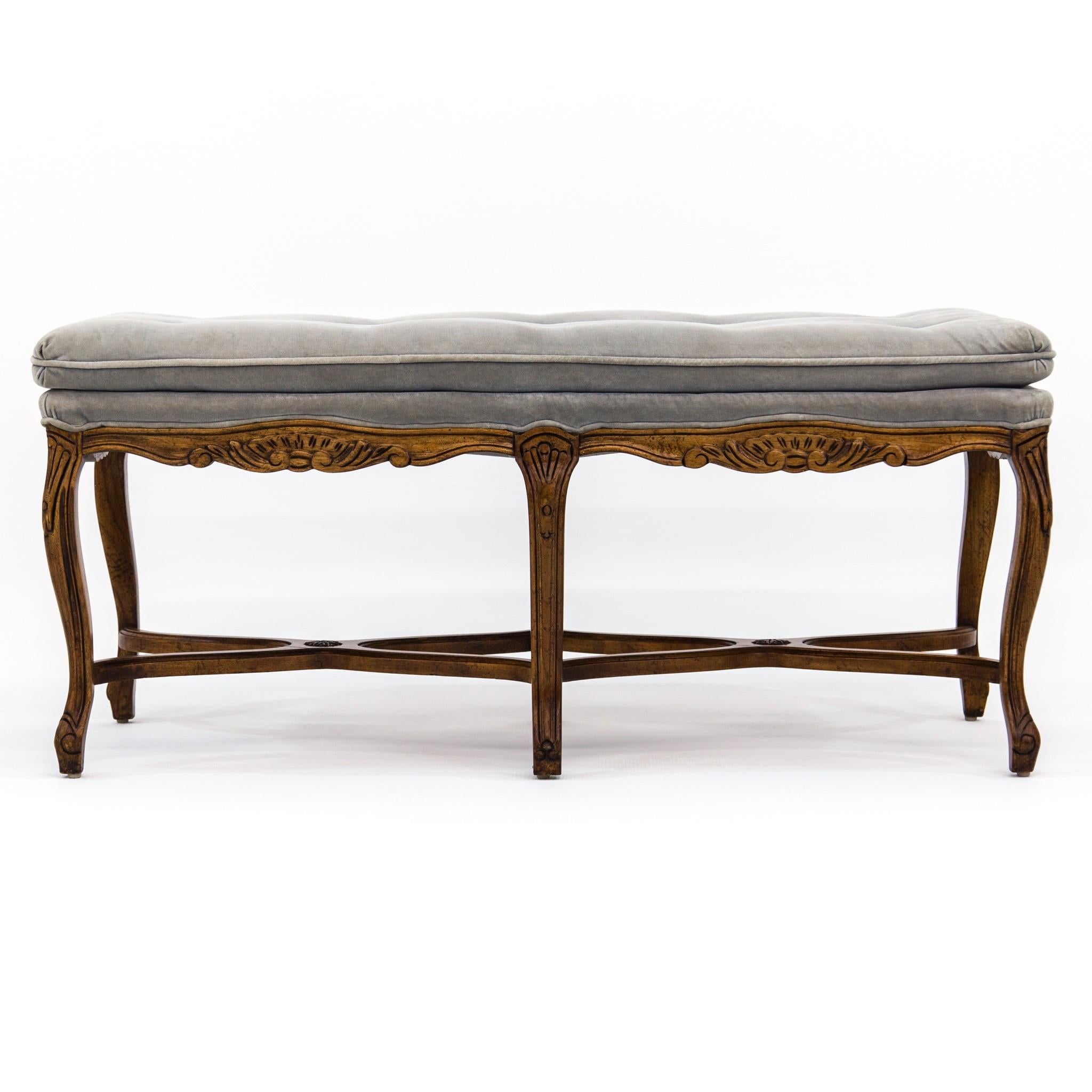 Louis XV Carved Walnut Bench with Gray Tufted Velvet Upholstery by Bernhardt 2