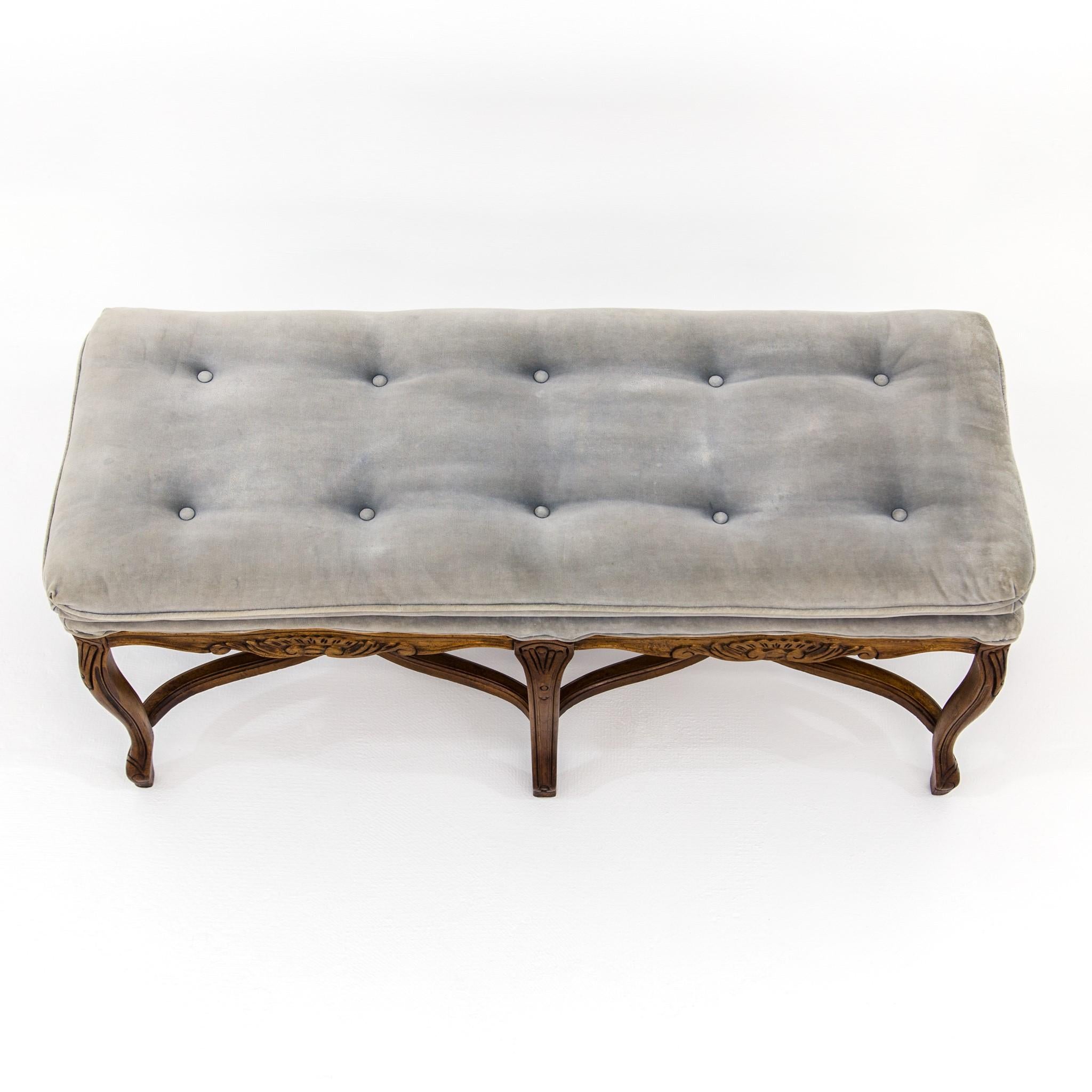 Louis XV Carved Walnut Bench with Gray Tufted Velvet Upholstery by Bernhardt 3