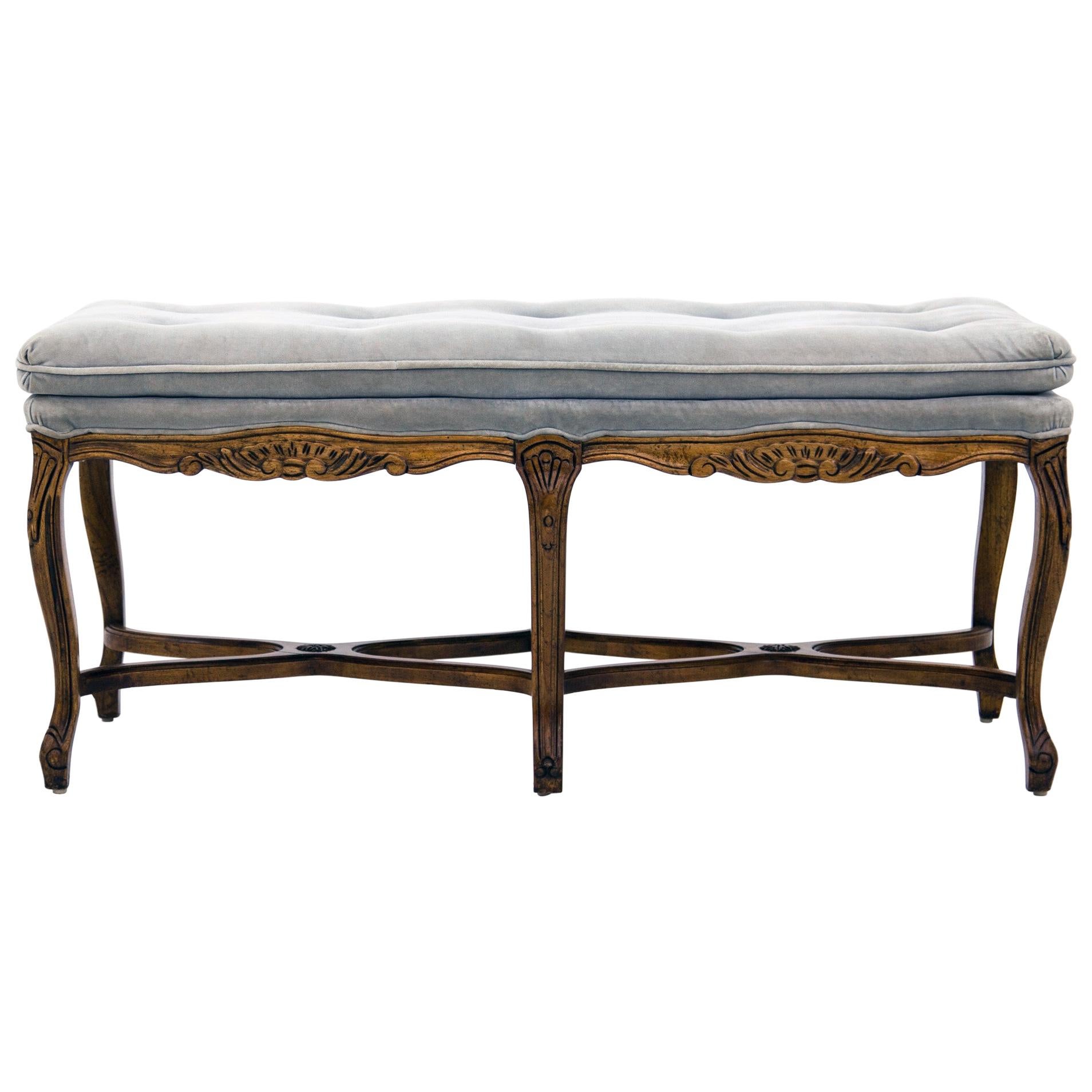 Louis XV Carved Walnut Bench with Gray Tufted Velvet Upholstery by Bernhardt