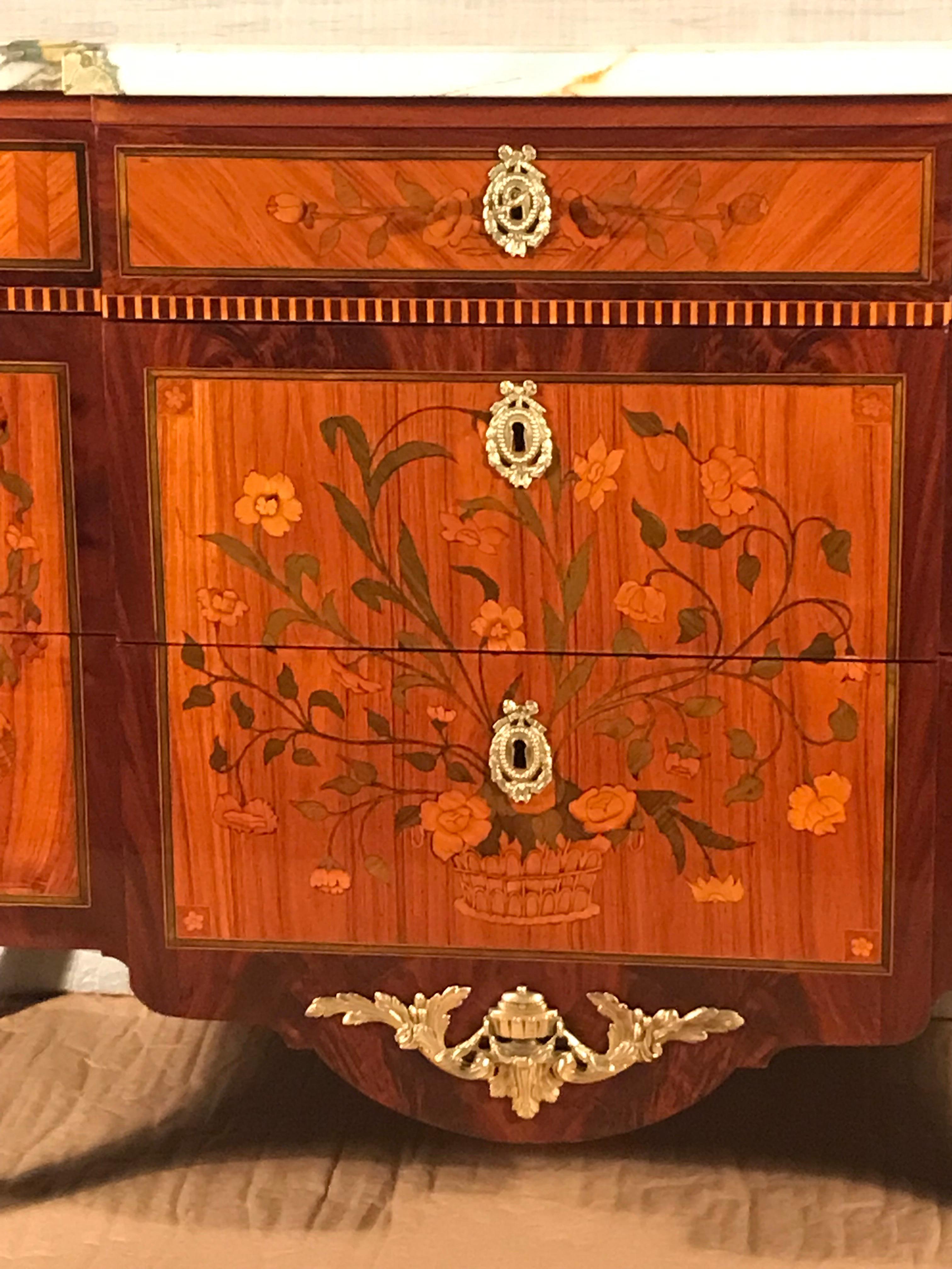 Marquetry Louis XV Transition Style Chest of Drawers, France, 19th Century For Sale