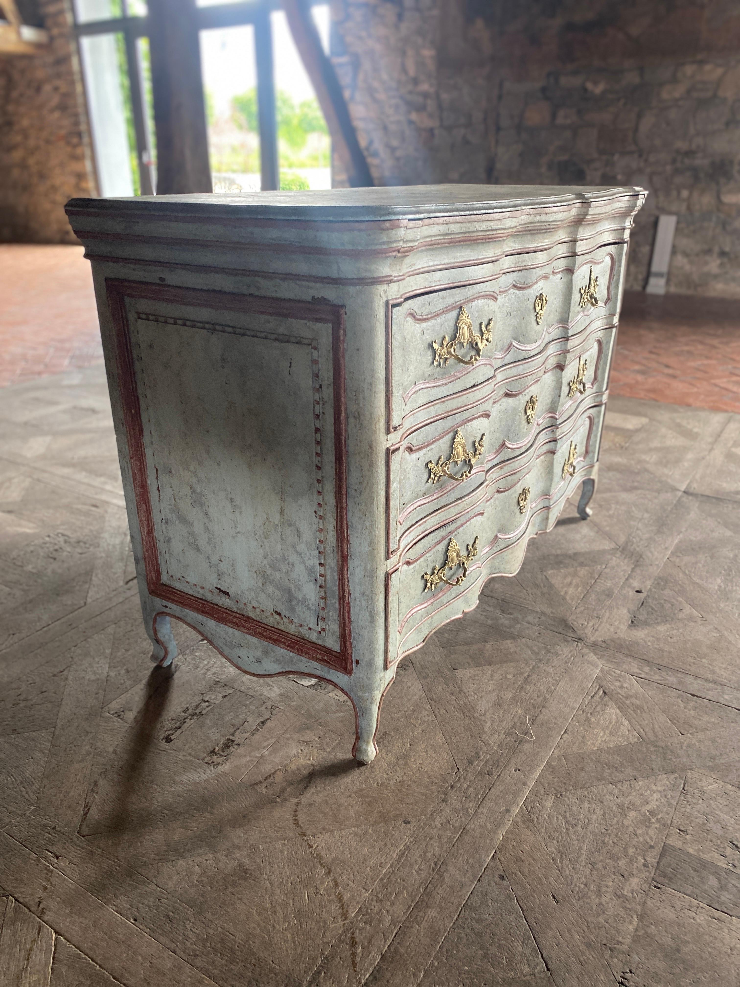 Hand-Painted Louis XV chest of drawers patinated curve  For Sale