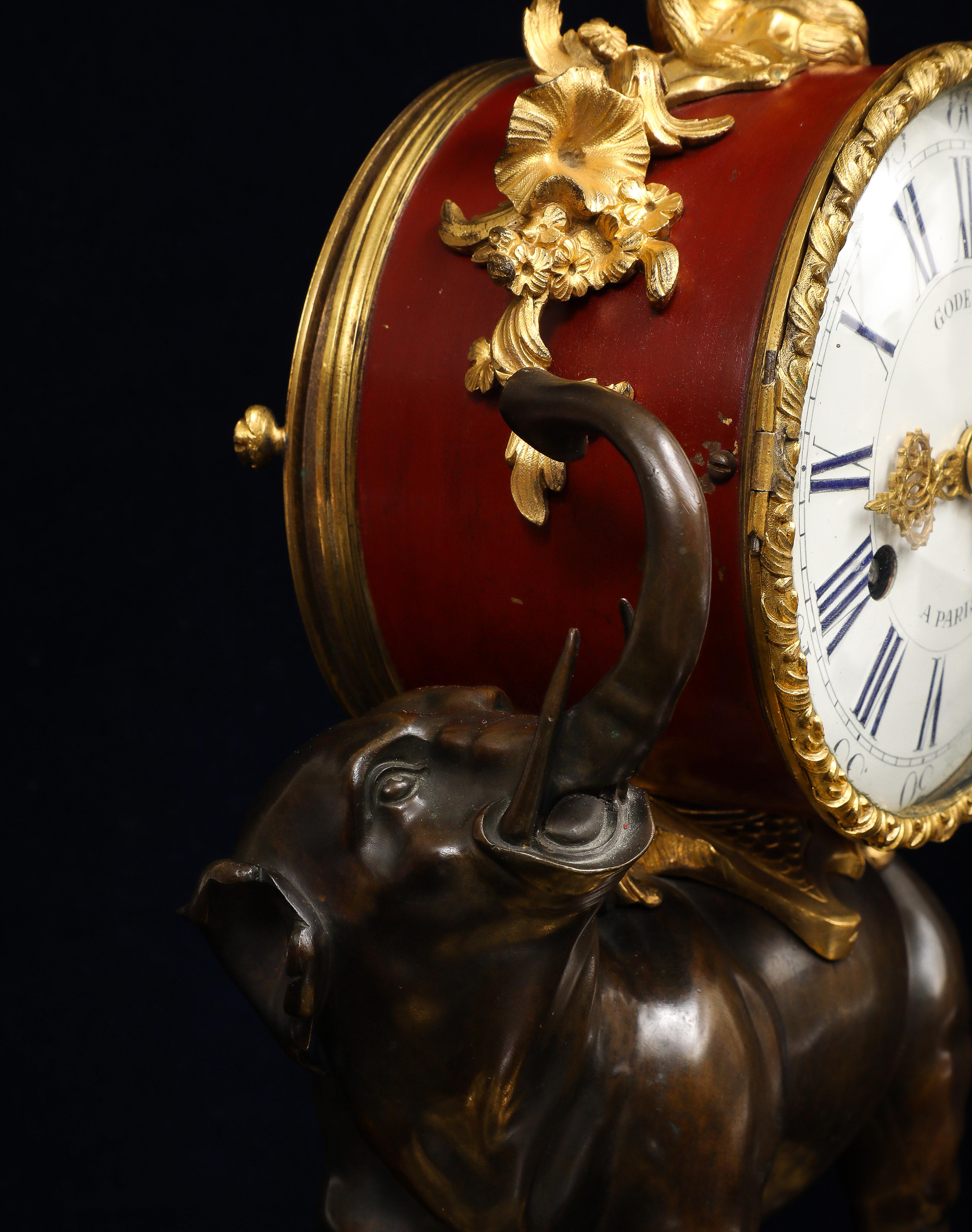 Louis XV Clock, 1750s Paris Ormolu & Patinated, Pendule à lÉléphant; by Godefroy For Sale 4