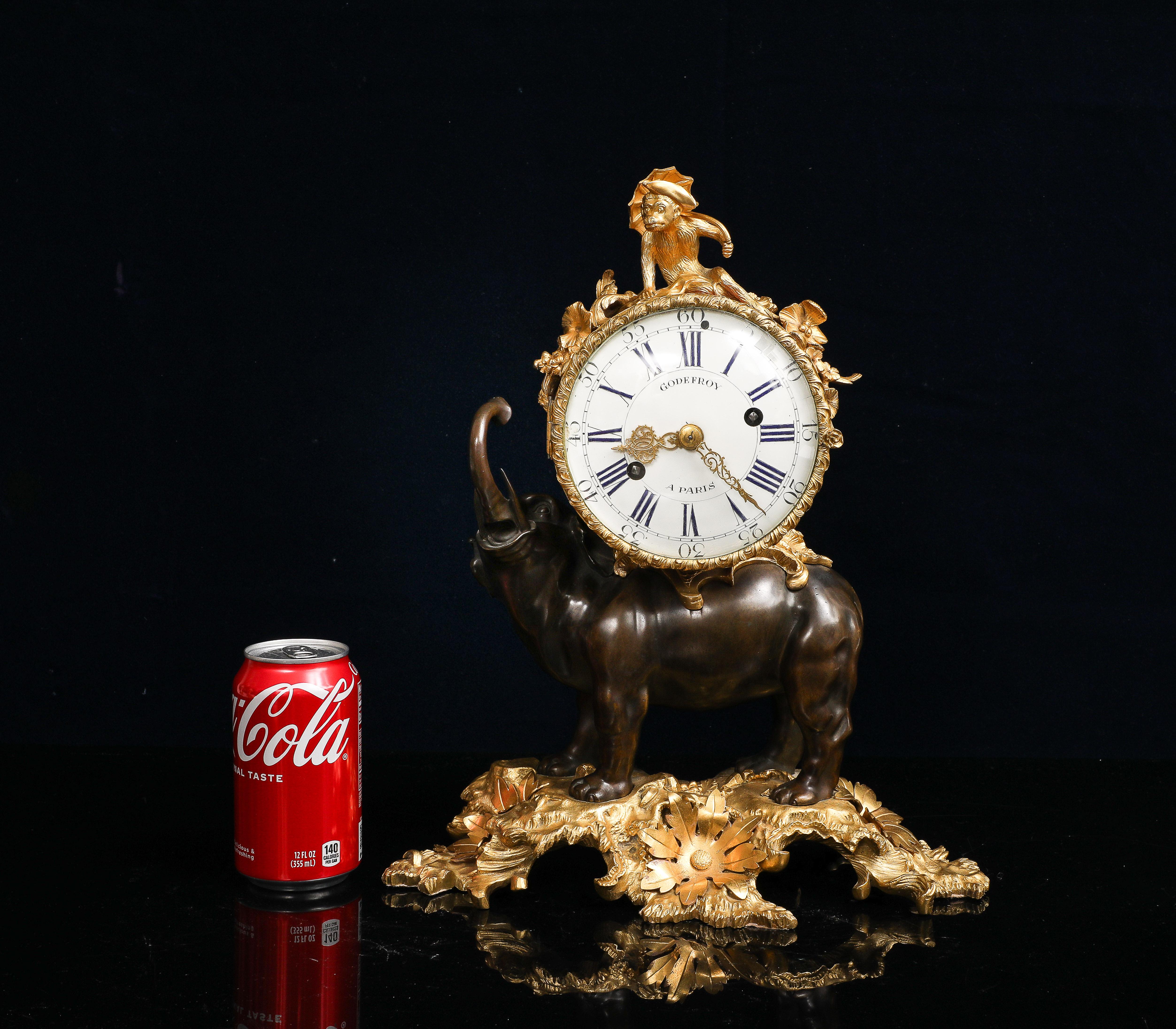 A remarkable example of mid-1700's French horology, this Louis XV period Pendule à l’Éléphant showcases the technical mastery and playful elegance characteristic of the Rococo era in Paris. Crafted in patinated bronze and exquisite mercury-gilded