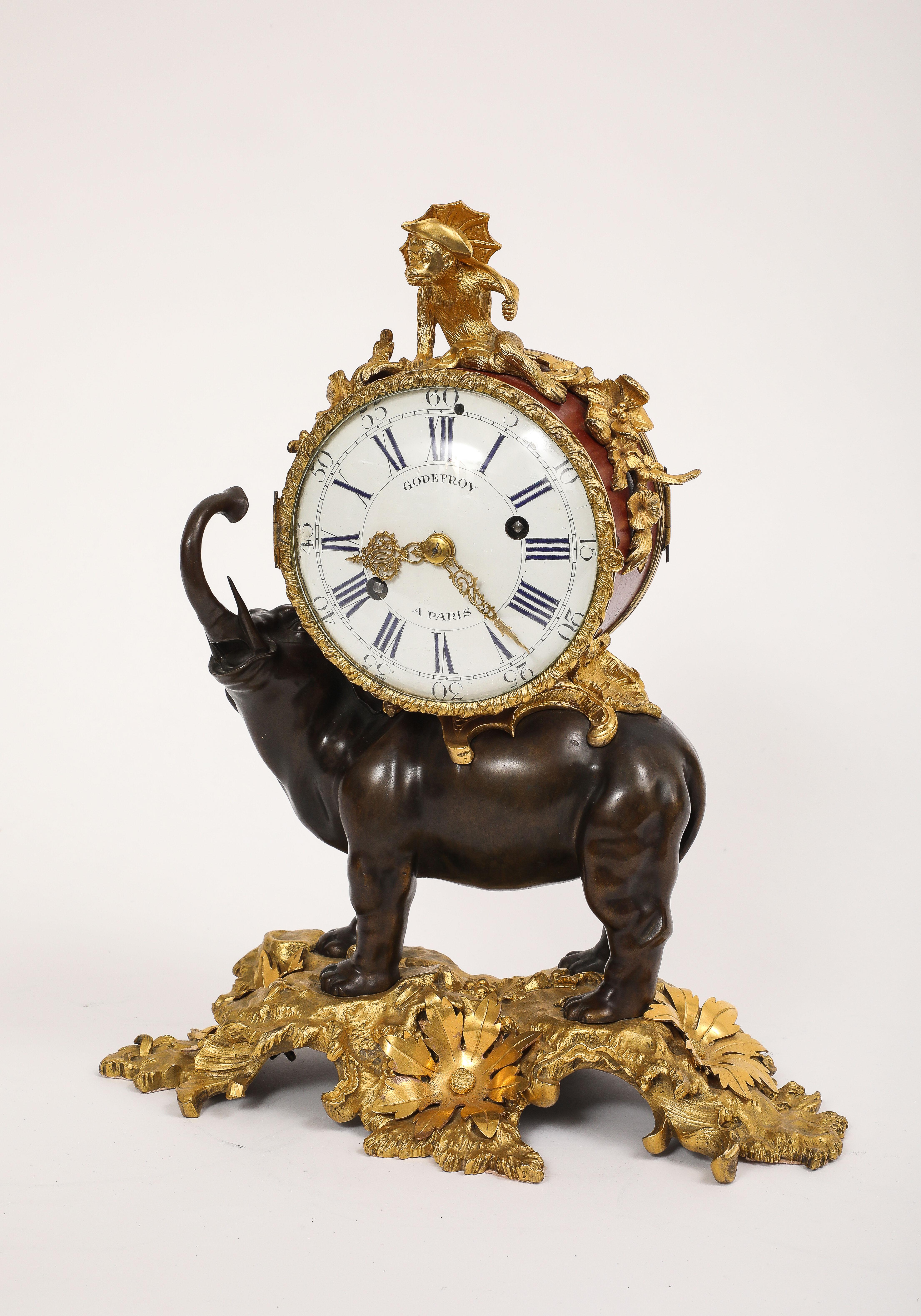 French Louis XV Clock, 1750s Paris Ormolu & Patinated, Pendule à lÉléphant; by Godefroy For Sale
