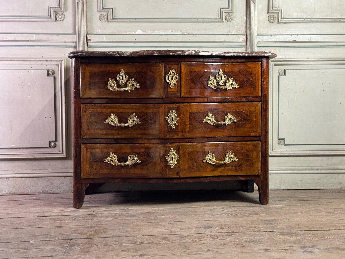 Louis XV Commode In Veneer And Gilded Bronzes, Rance Marble, 18th Century For Sale 5