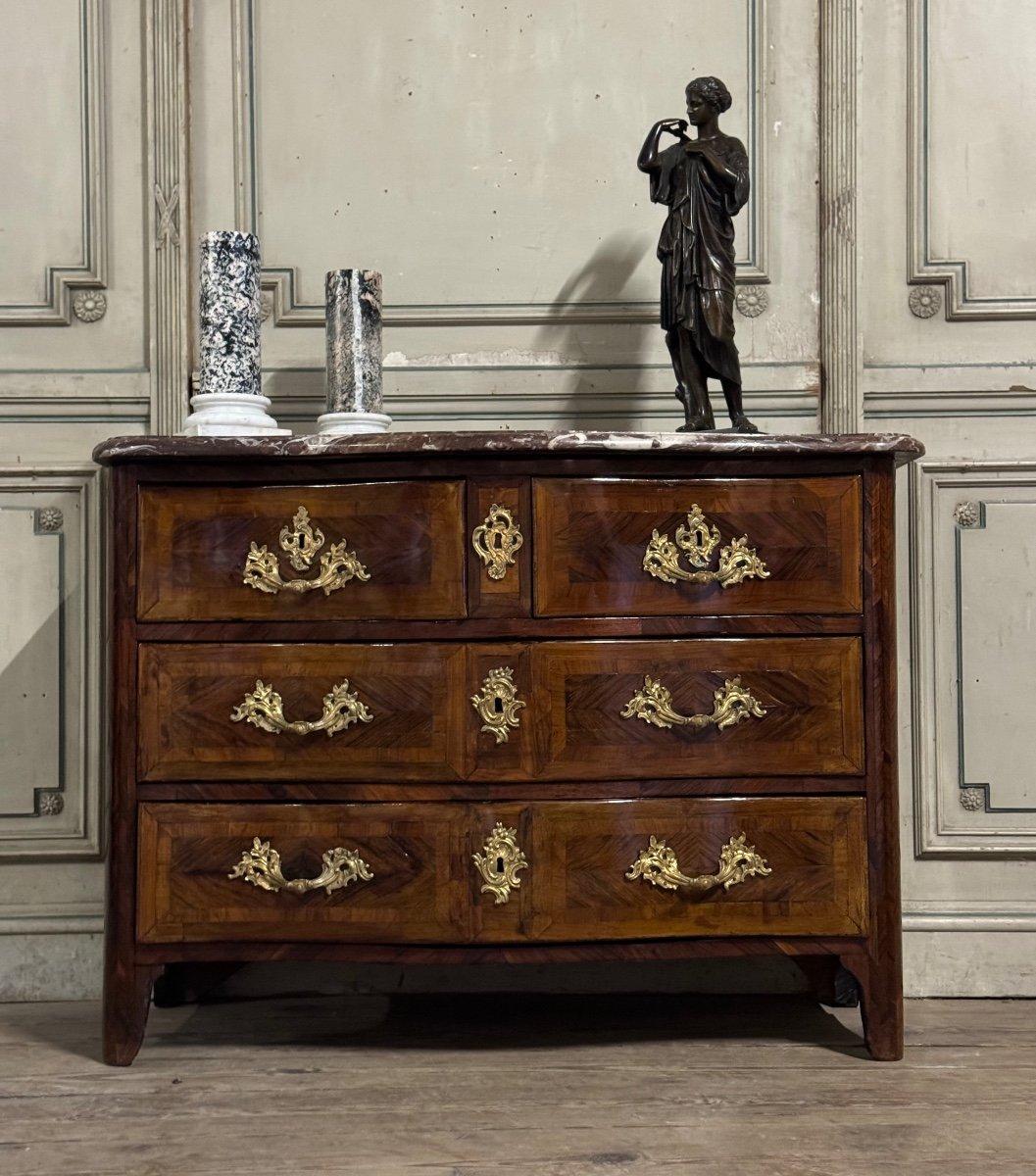 Louis XV Commode In Veneer And Gilded Bronzes, Rance Marble, 18th Century For Sale 7