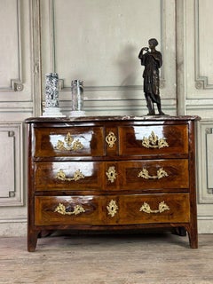 Louis XV Commode In Veneer And Gilded Bronzes, Rance Marble, 18th Century