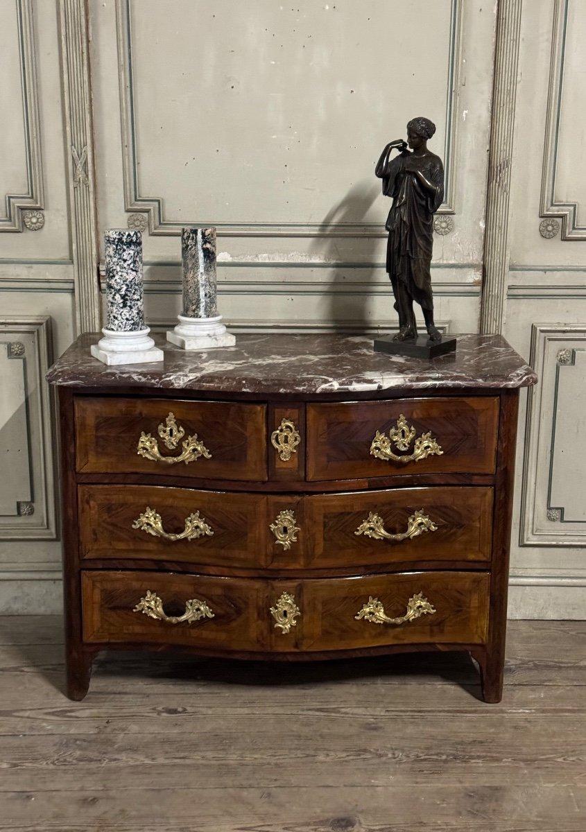 European Louis XV Commode In Veneer And Gilded Bronzes, Rance Marble, 18th Century For Sale