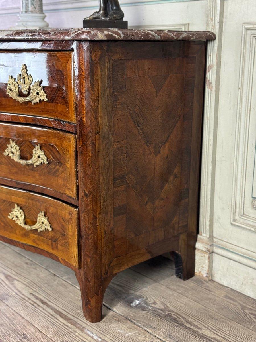Louis XV Commode In Veneer And Gilded Bronzes, Rance Marble, 18th Century For Sale 1