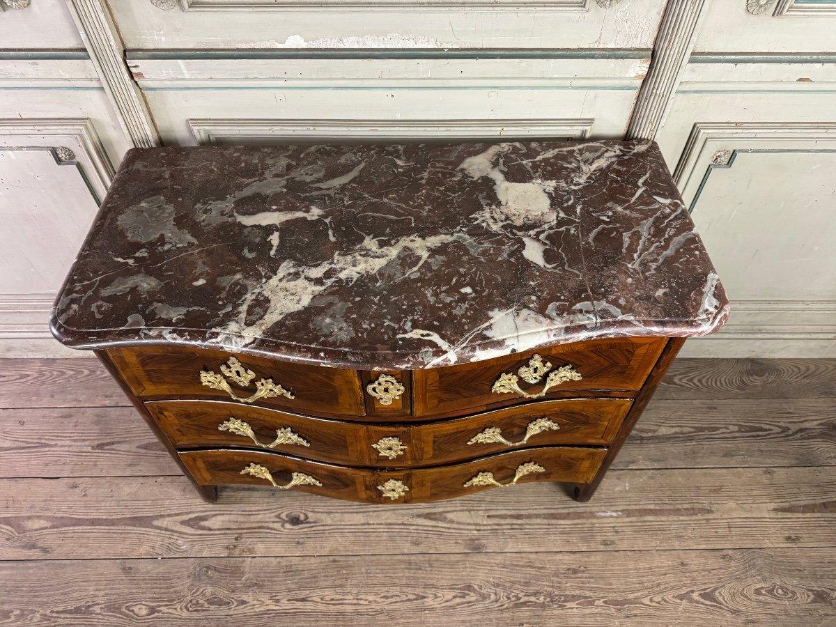 Louis XV Commode In Veneer And Gilded Bronzes, Rance Marble, 18th Century For Sale 2