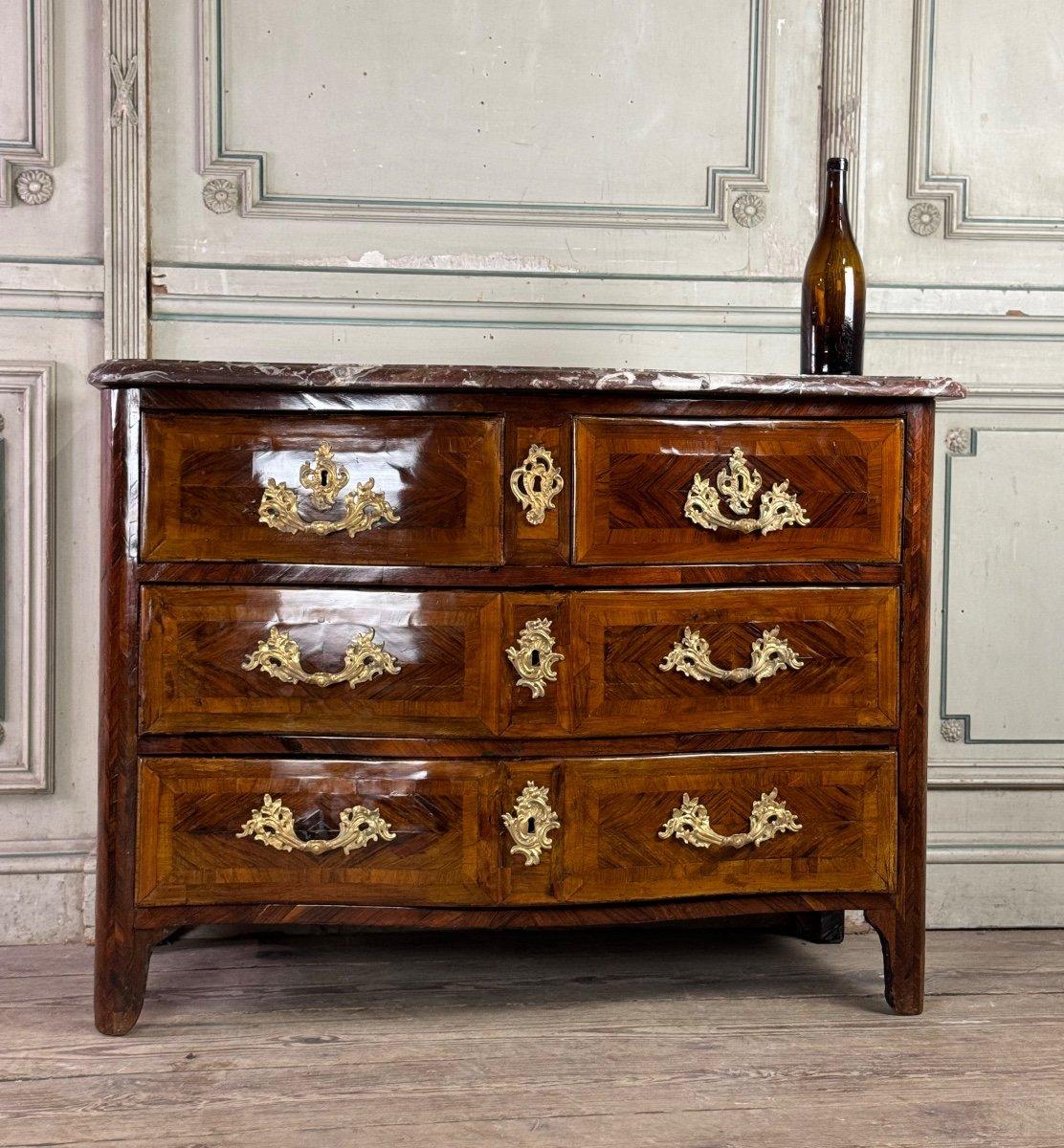 Louis XV Commode In Veneer And Gilded Bronzes, Rance Marble, 18th Century For Sale 3