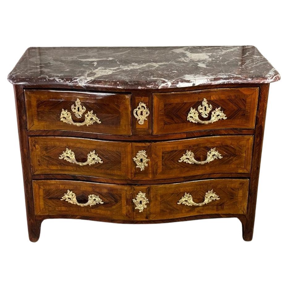 Louis XV Commode In Veneer And Gilded Bronzes, Rance Marble, 18th Century For Sale