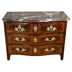 Louis XV Commode In Veneer And Gilded Bronzes, Rance Marble, 18th Century