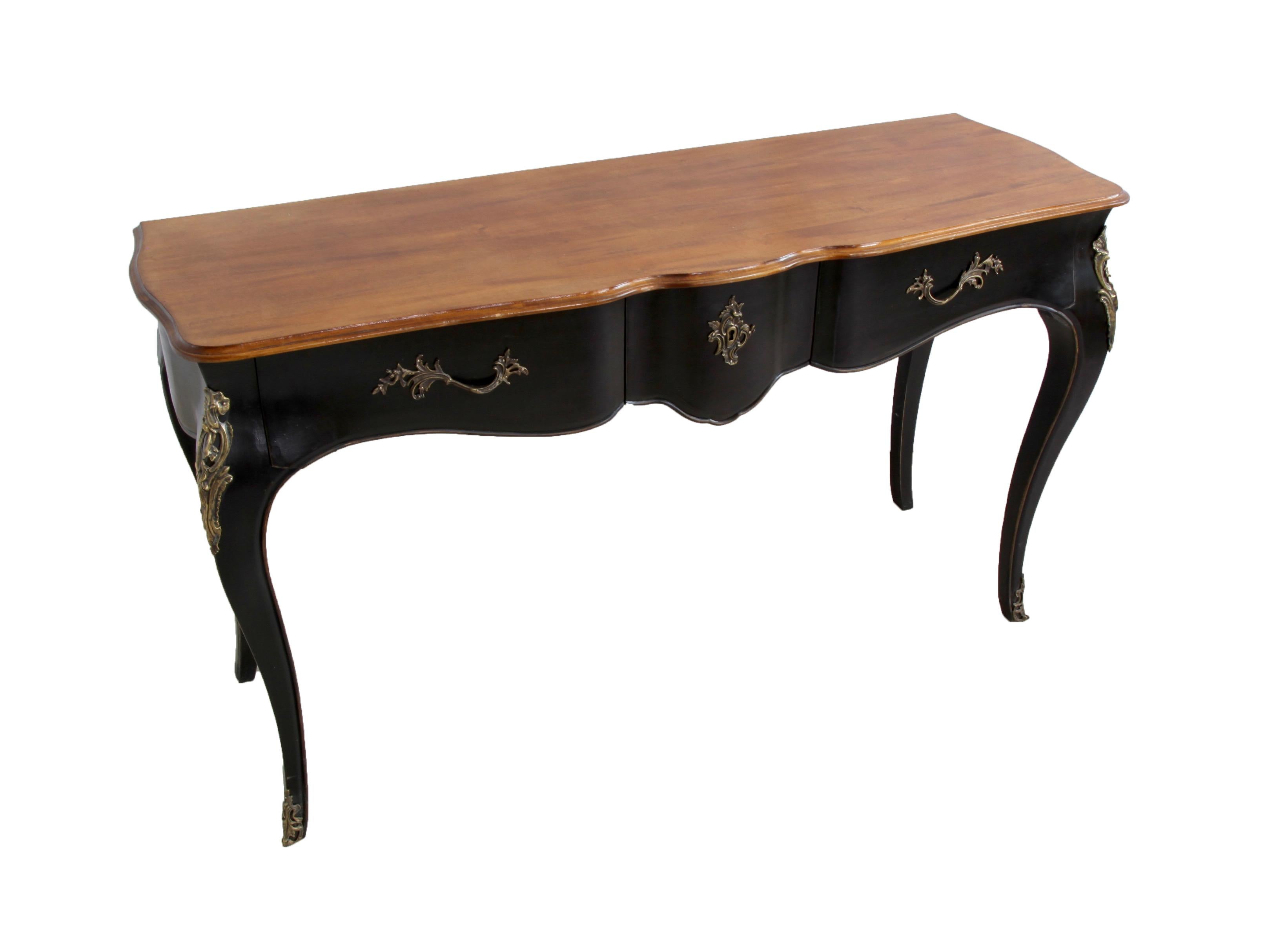 Louis XV console, hand carved in solid wood. Black lacquered finish with bronzes ornaments with French polished natural wooden top
3 x drawers available.
Made by La Maison London. Can also be made to size with custom finishes.