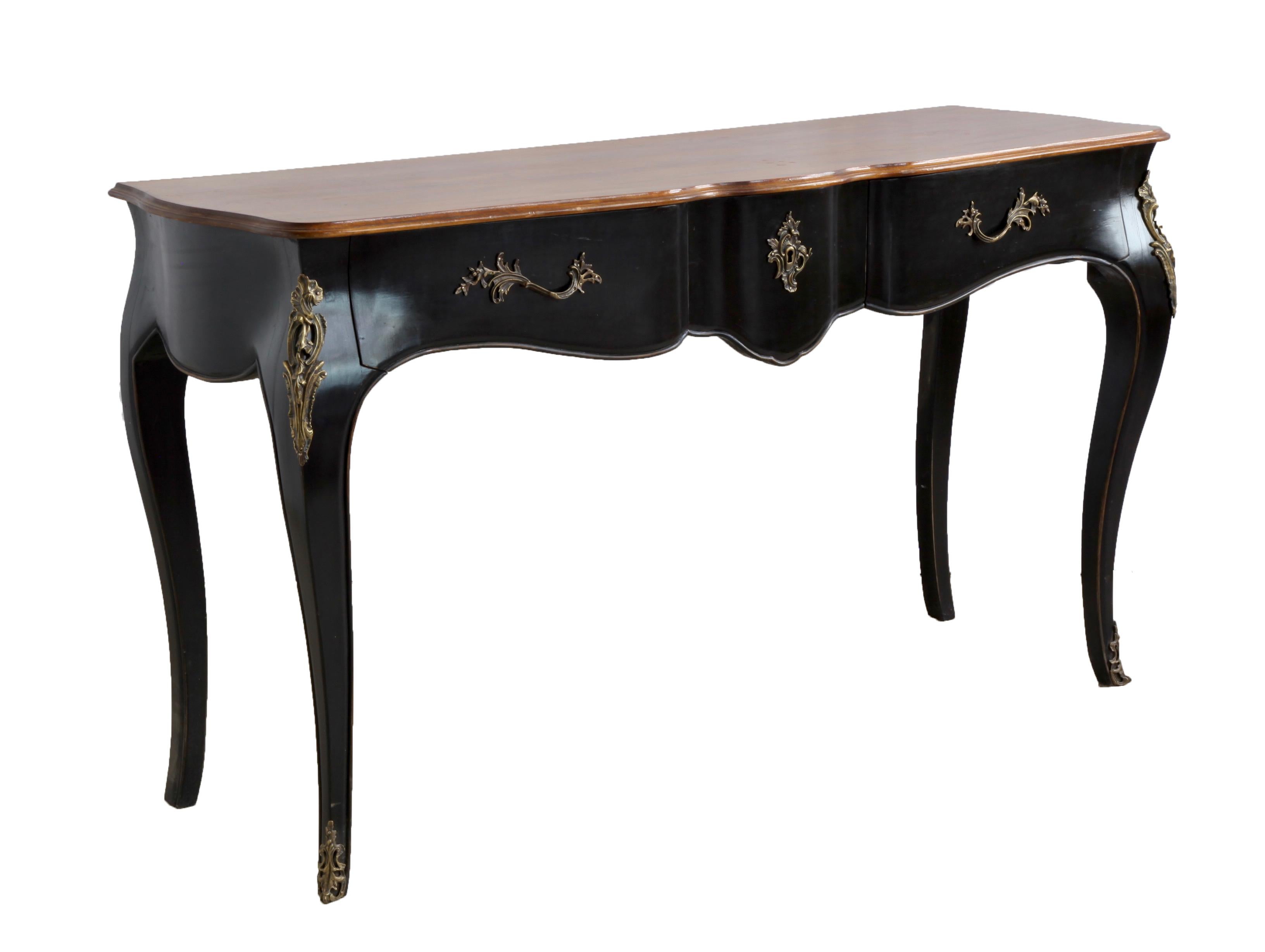 British Louis XV Console Black Lacquered with Natural Wood Top For Sale