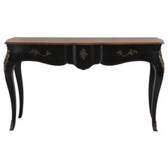 Console Louis XV laquée noire avec plateau en bois naturel