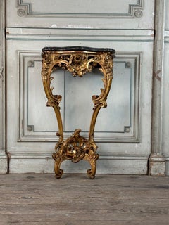 Louis XV Console In Carved And Gilded Wood, Saint Anne Gray Marble, 18th Century