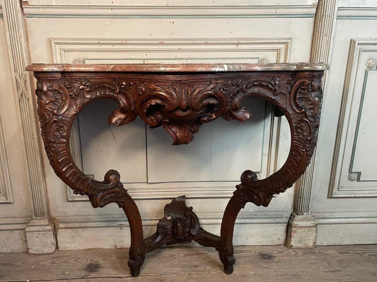 European Louis XV Console In Carved Oak, Rance Marble, 18th Century