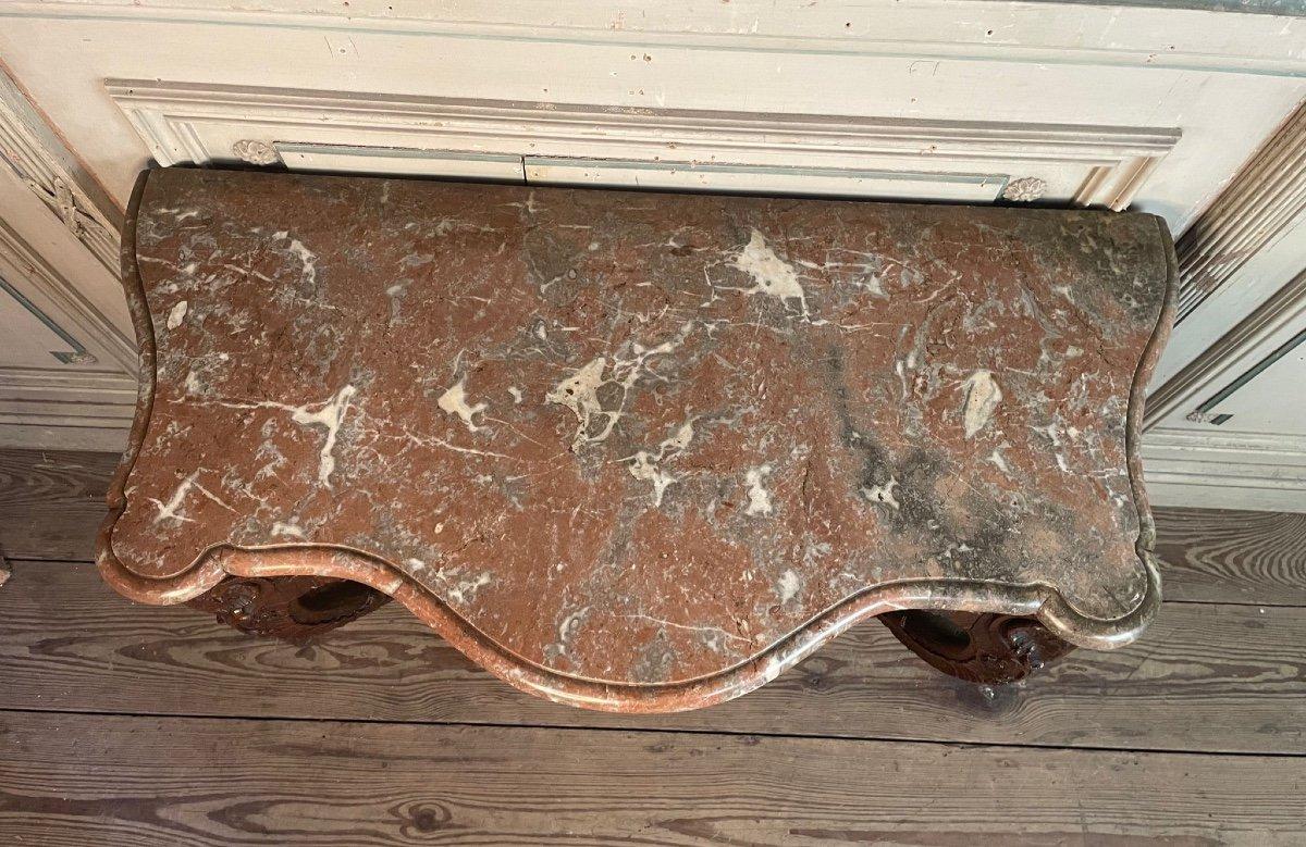 Louis XV Console In Carved Oak, Rance Marble, 18th Century In Excellent Condition In Honnelles, WHT