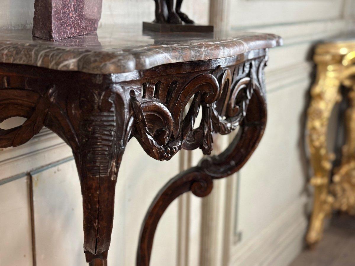 Louis XV console in dark walnut, tablet in gray Ardennes marble
