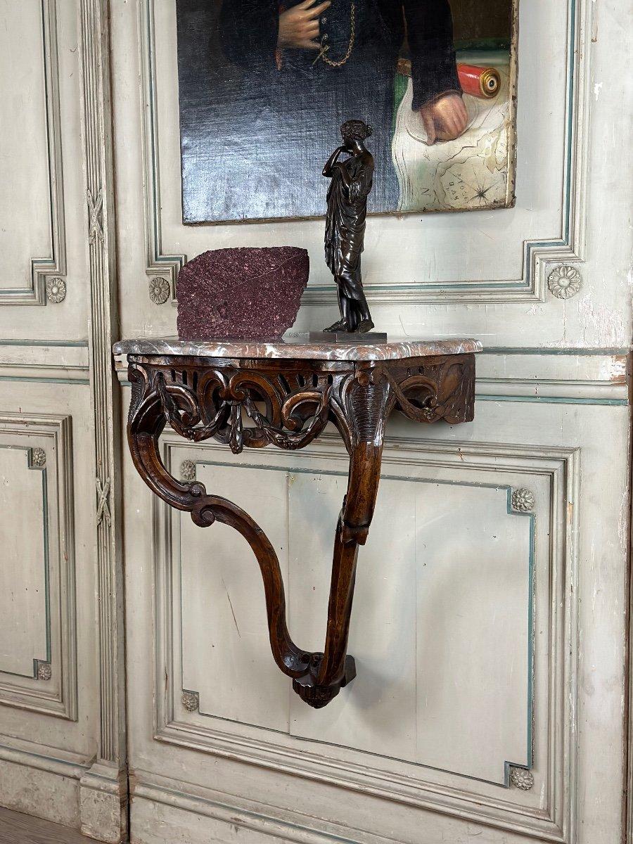Louis XV Console In Natural Wood And Ardennes Gray Marble, 18th Century In Excellent Condition In Honnelles, WHT