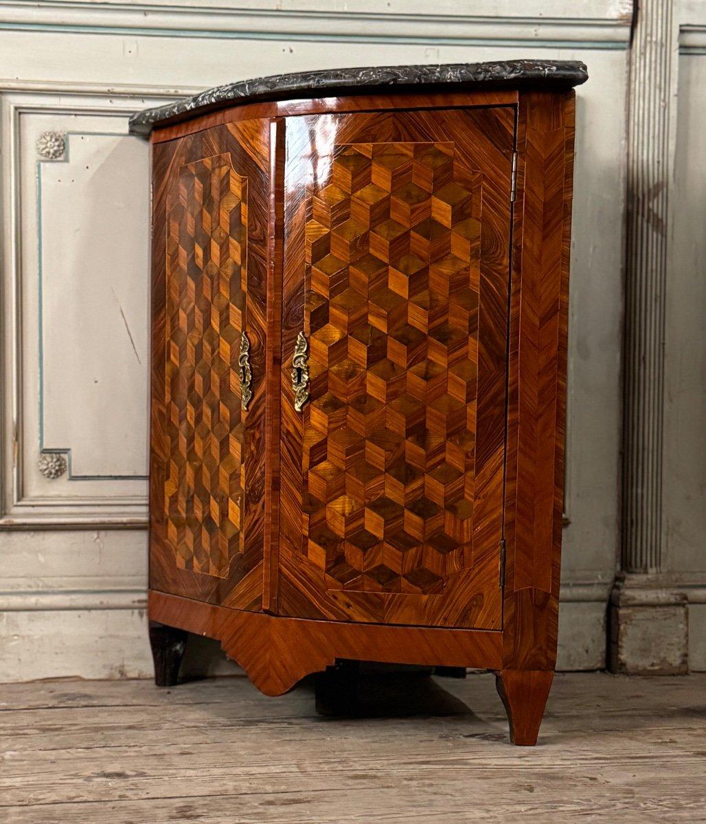 18th Century and Earlier Louis XV Corner, Cube Sans Fond Marquetry, 18th Century For Sale