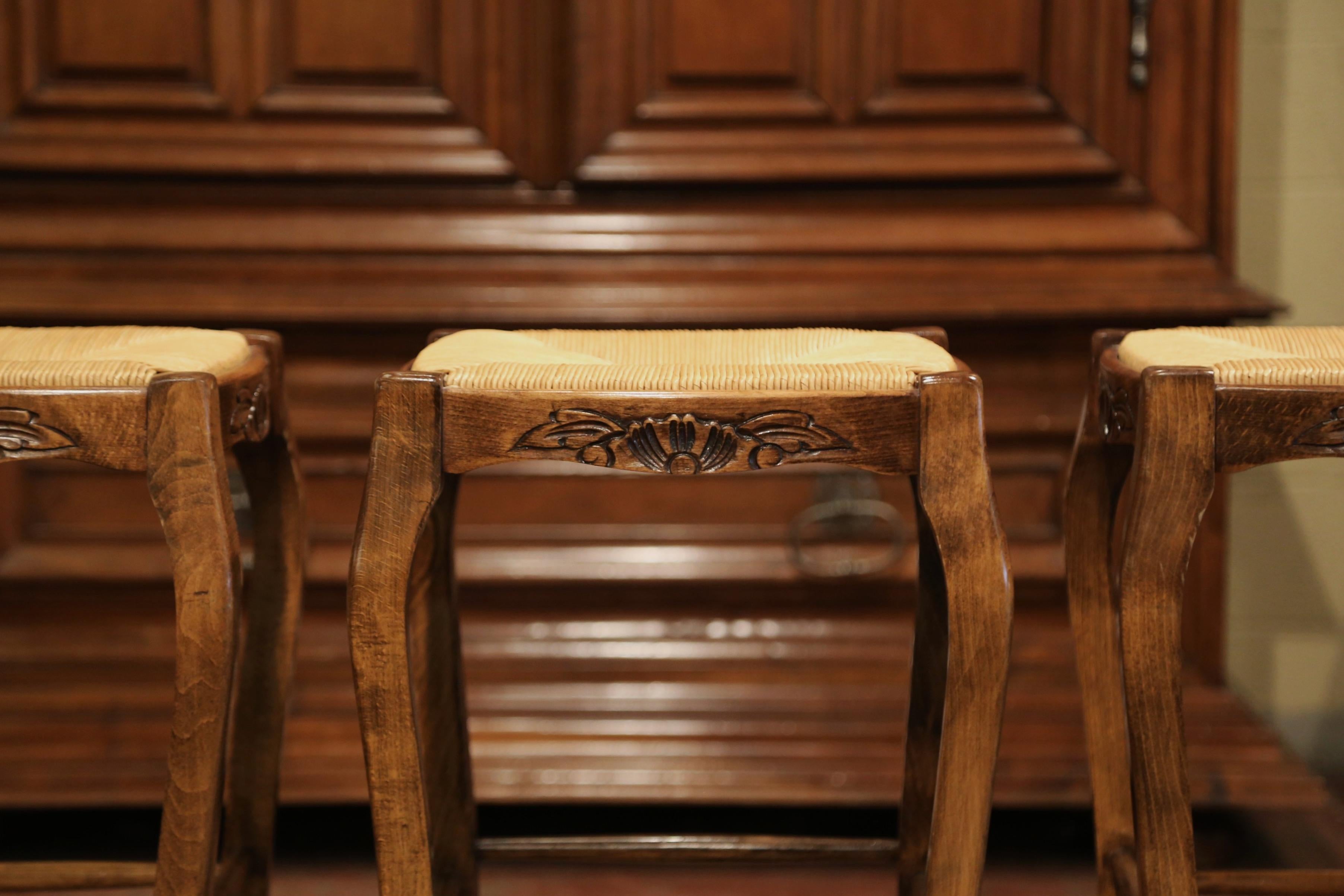 Hand-Carved Louis XV Country French Carved Bar Stools with Rush Seat, Set of 4