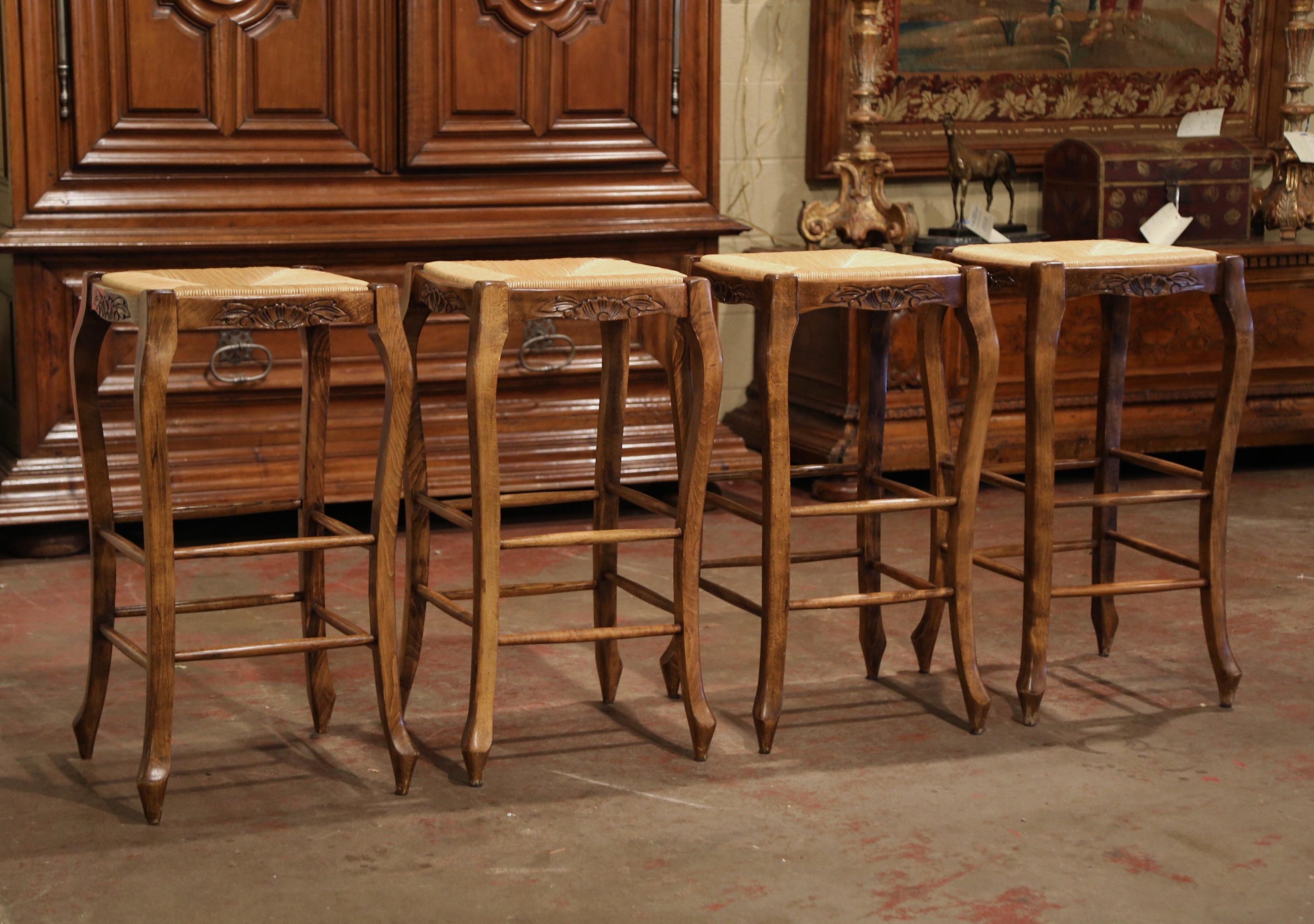 Louis XV Country French Carved Bar Stools with Rush Seat, Set of 4 In Excellent Condition In Dallas, TX