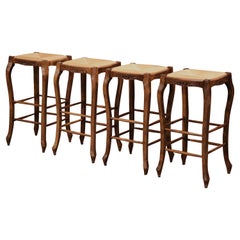 Used Louis XV Country French Carved Bar Stools with Rush Seat, Set of 4