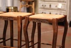 Louis XV Country French Carved Counter Stools with Rush Seat, Set of Three