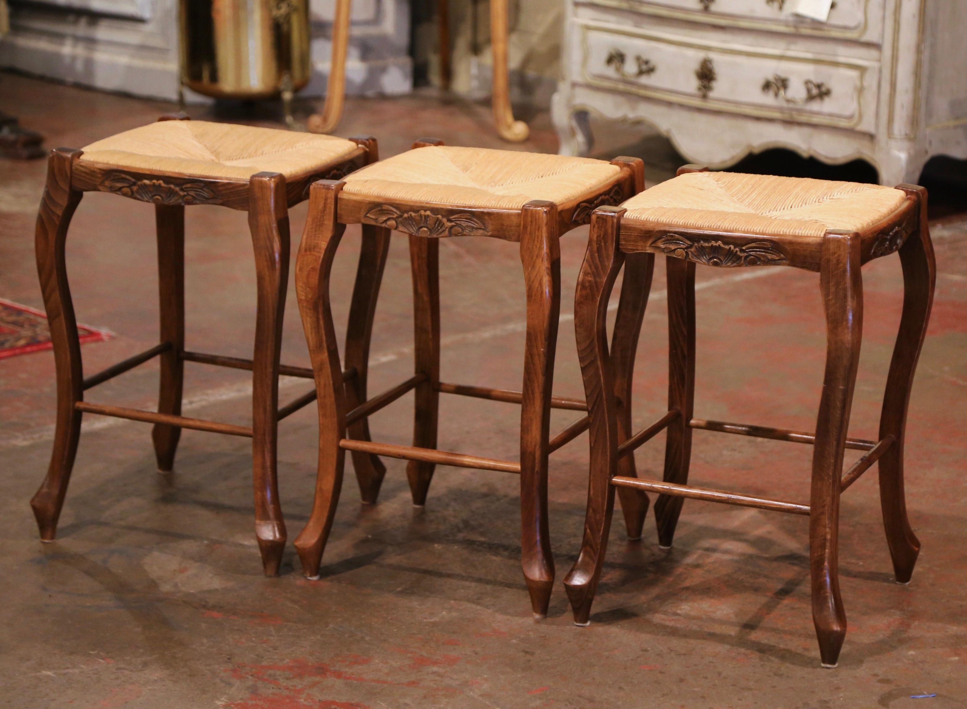 Hand-Carved Louis XV Country French Carved Counter Stools with Rush Seat, Set of Three