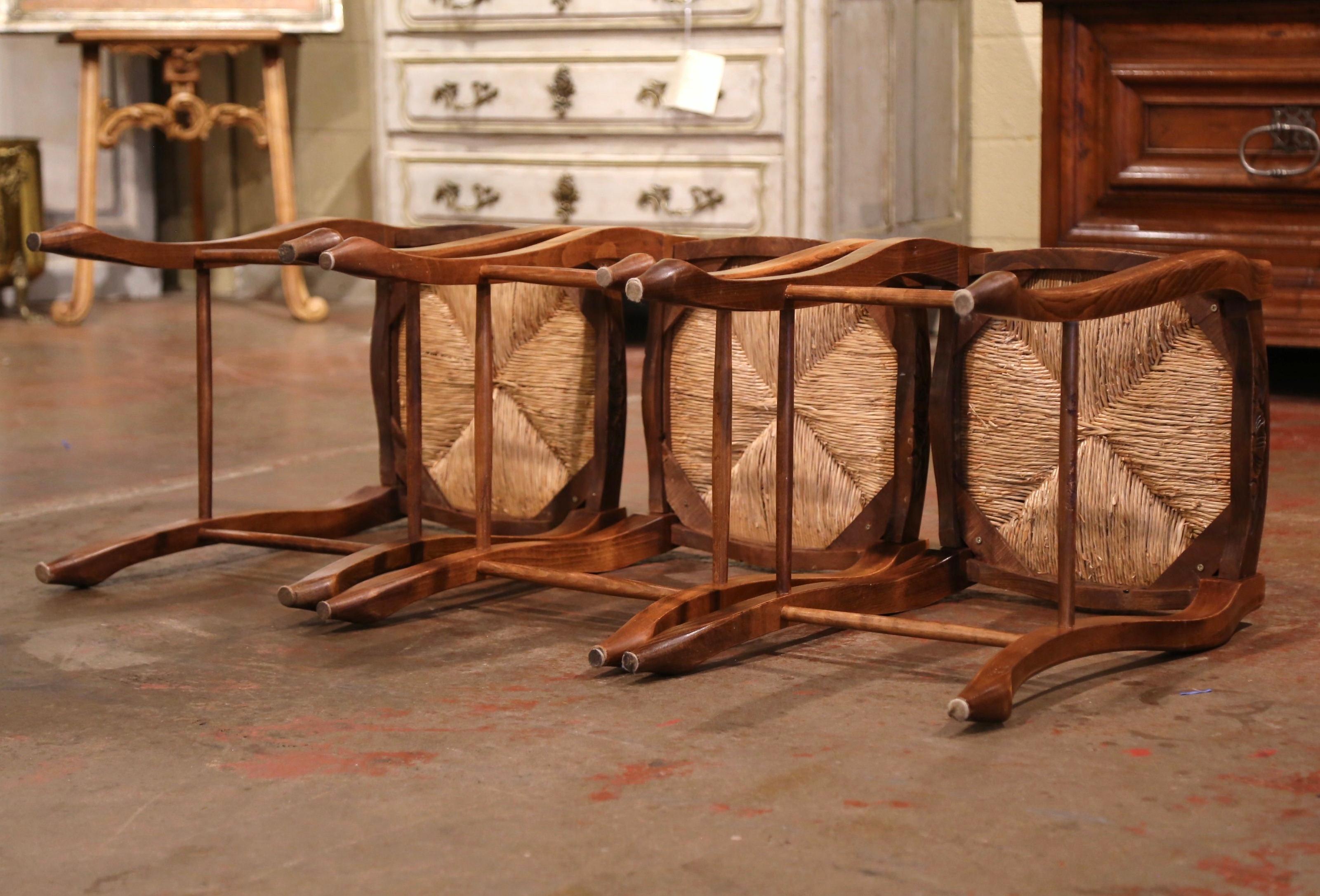 Louis XV Country French Carved Counter Stools with Rush Seat, Set of Three In Excellent Condition In Dallas, TX