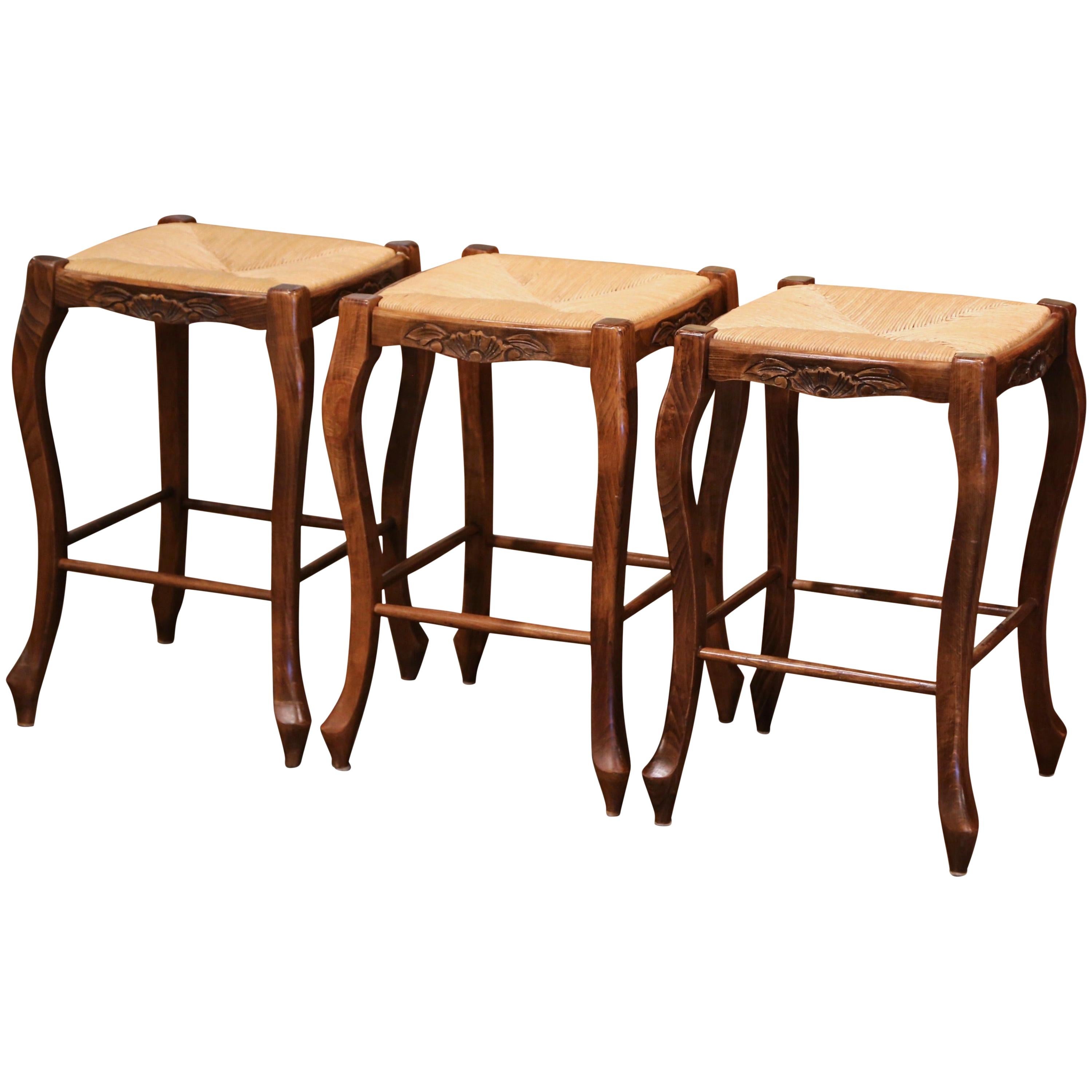 Louis XV Country French Carved Counter Stools with Rush Seat, Set of Three