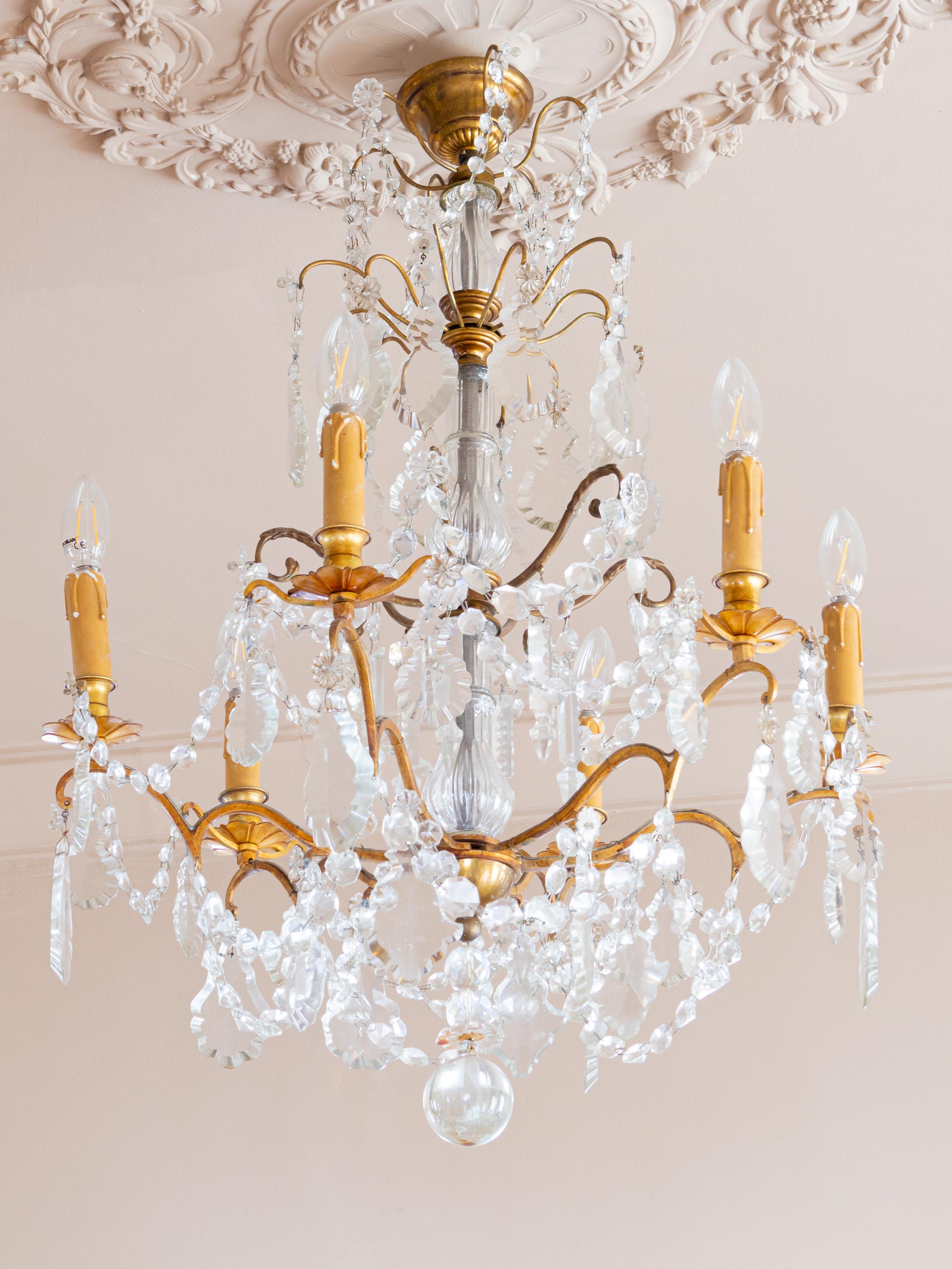 Français Lustre Louis XV en cristal et bronze, six Lights, 19ème siècle en vente