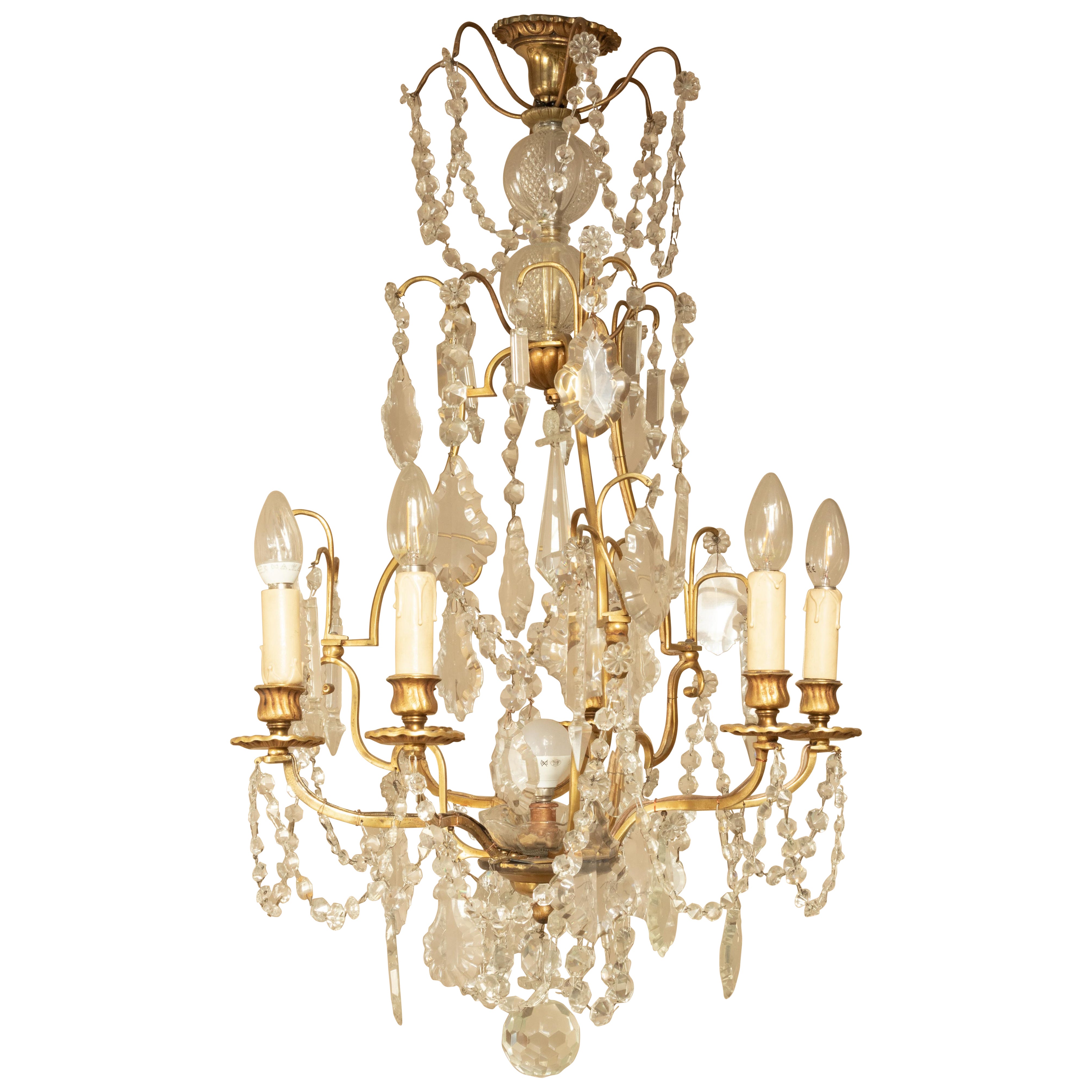 Lampadario Luigi XV in cristallo e bronzo, sei luci, XIX secolo