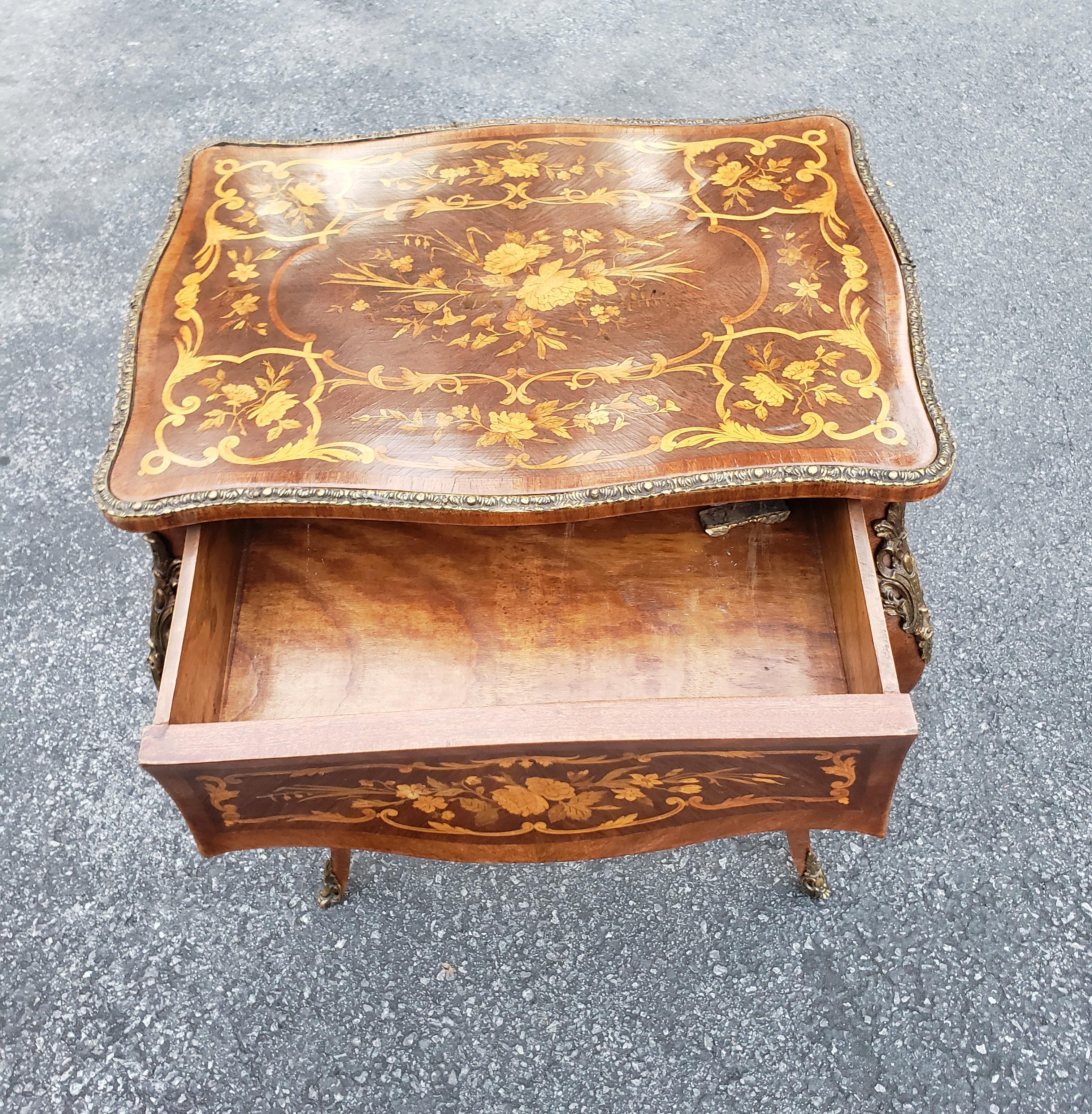 French Louis XV Dutch Marquetry Satinwood Inlaid and Mahogany Single-Drawer Side Table For Sale