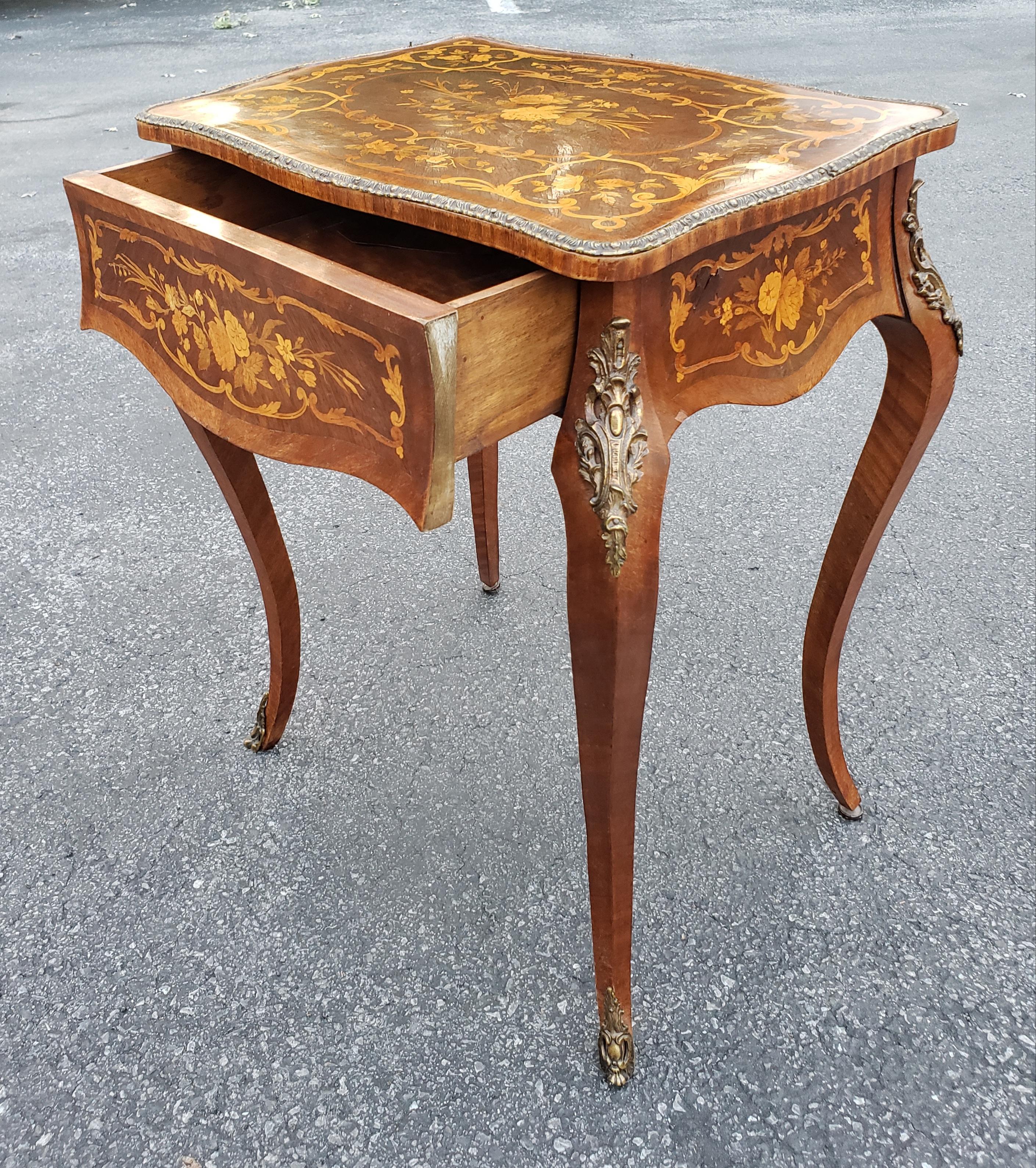 Ormolu Louis XV Dutch Marquetry Satinwood Inlaid and Mahogany Single-Drawer Side Table For Sale