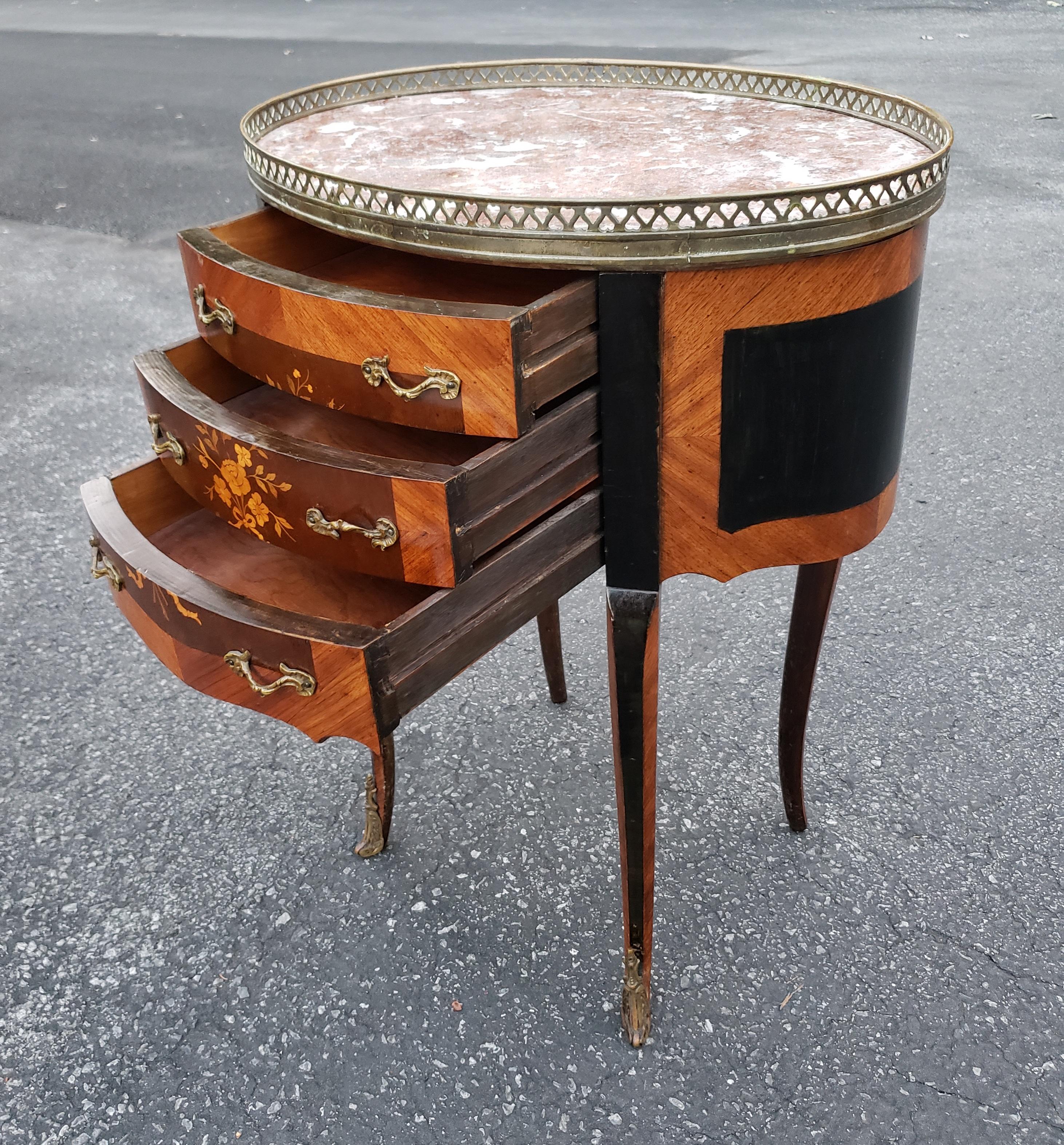 Brass Louis XV Ebonized Satinwood Inlaid Mahogany And Marble Inset Side Table For Sale