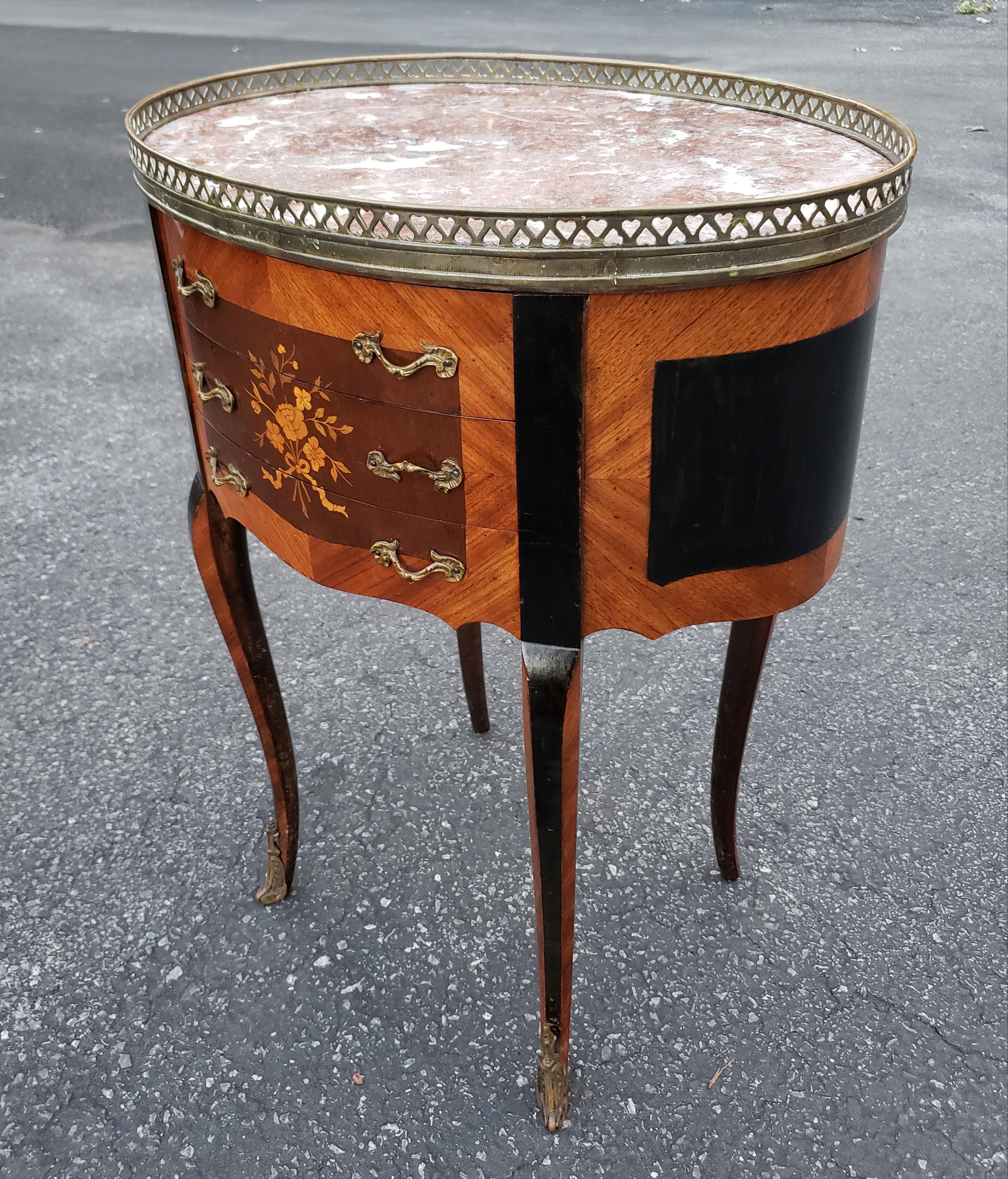 Louis XV Ebonized Satinwood Inlaid Mahogany And Marble Inset Side Table For Sale 1