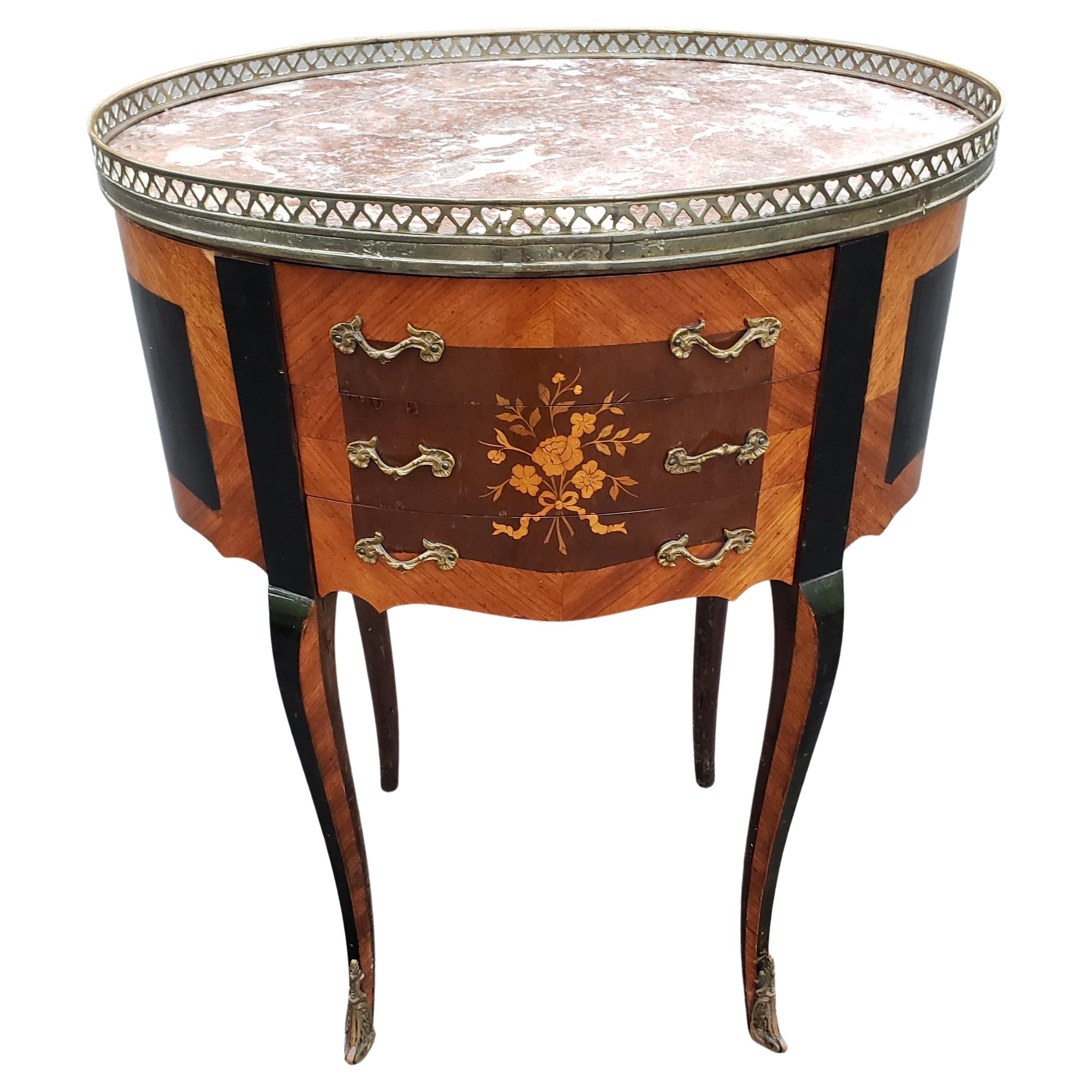 Louis XV Ebonized Satinwood Inlaid Mahogany And Marble Inset Side Table